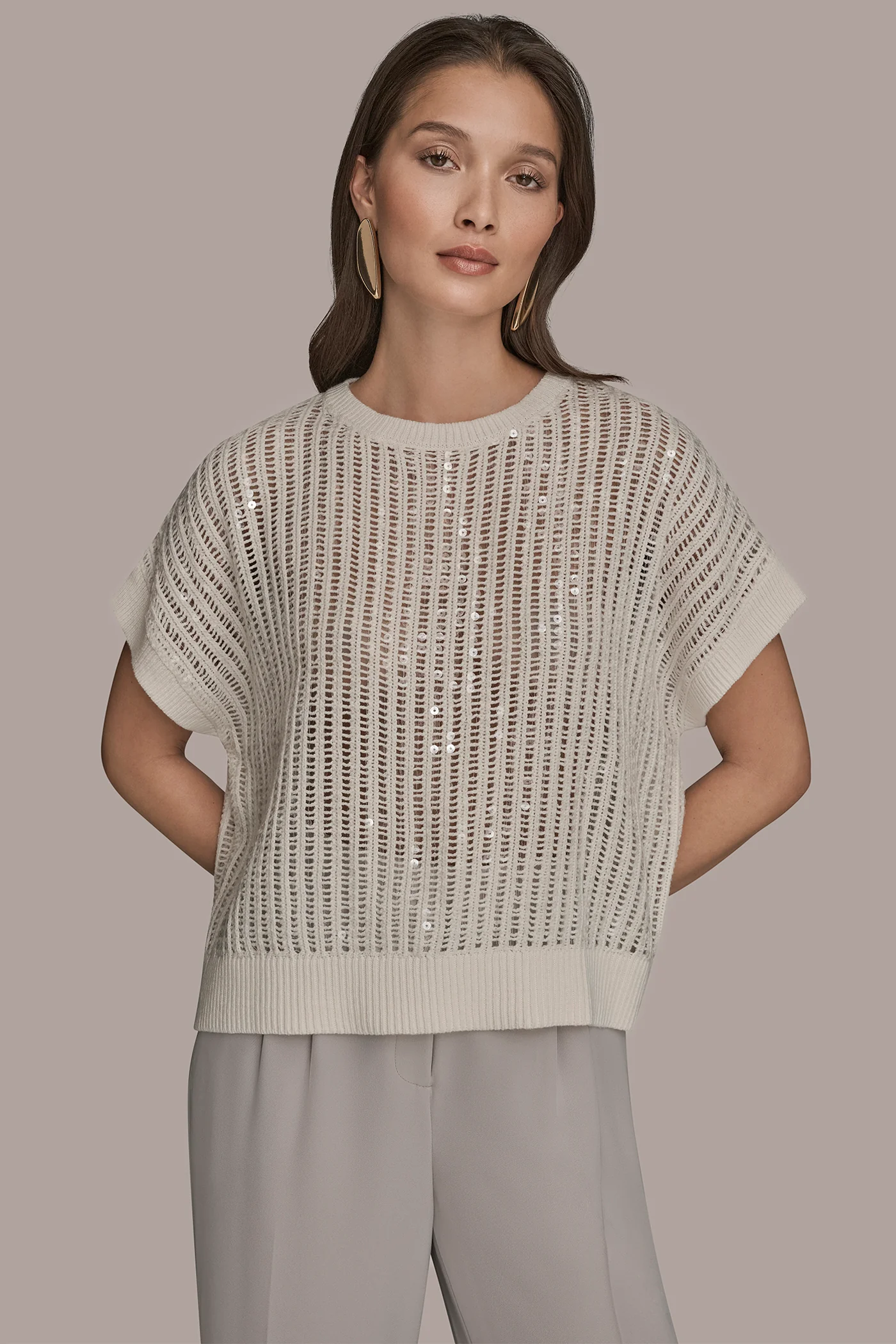 COTTON-BLEND SEQUIN OPEN-KNIT SWEATER - VXVOV