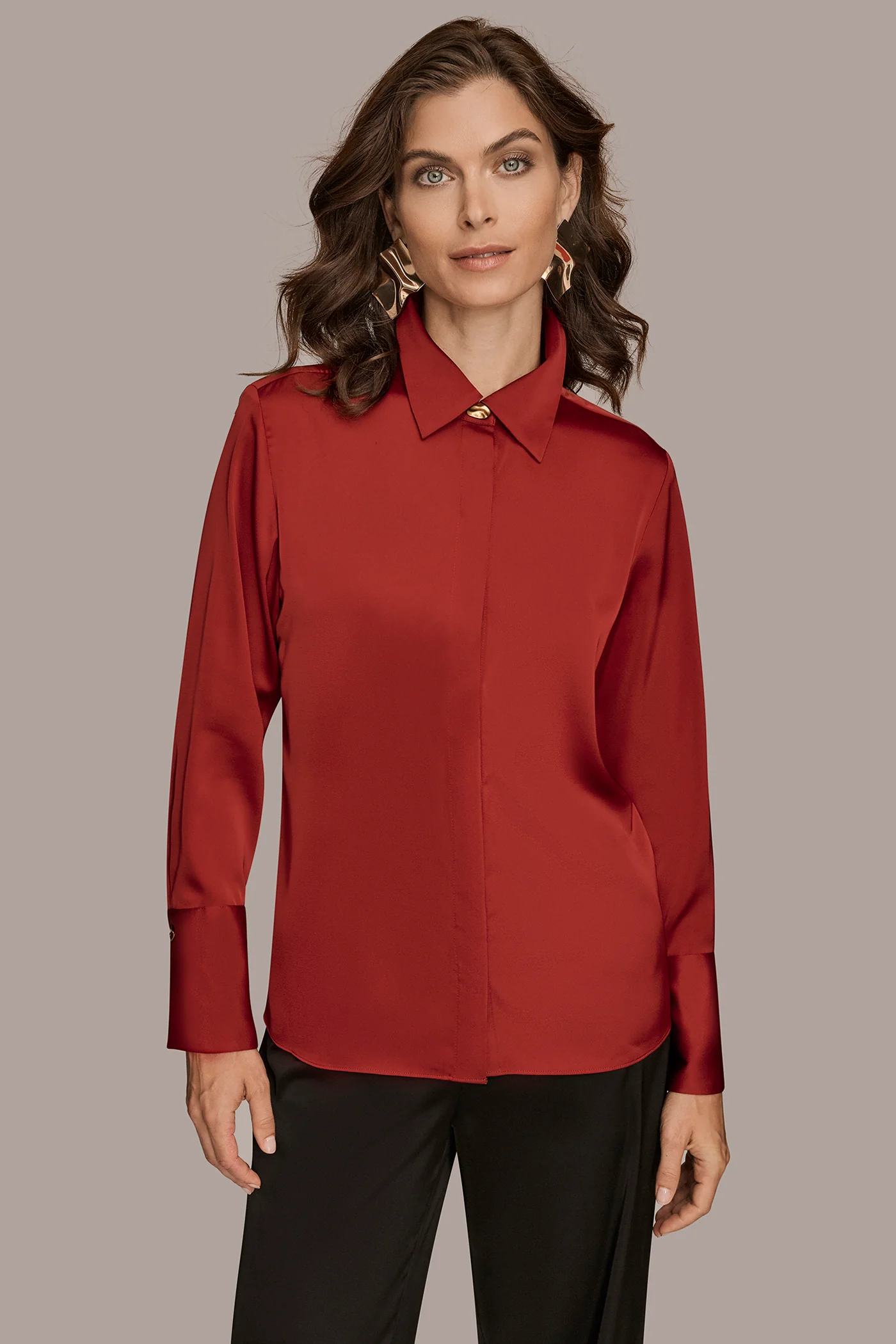 SOLID SATIN BUTTON DOWN BLOUSE - VXVOV
