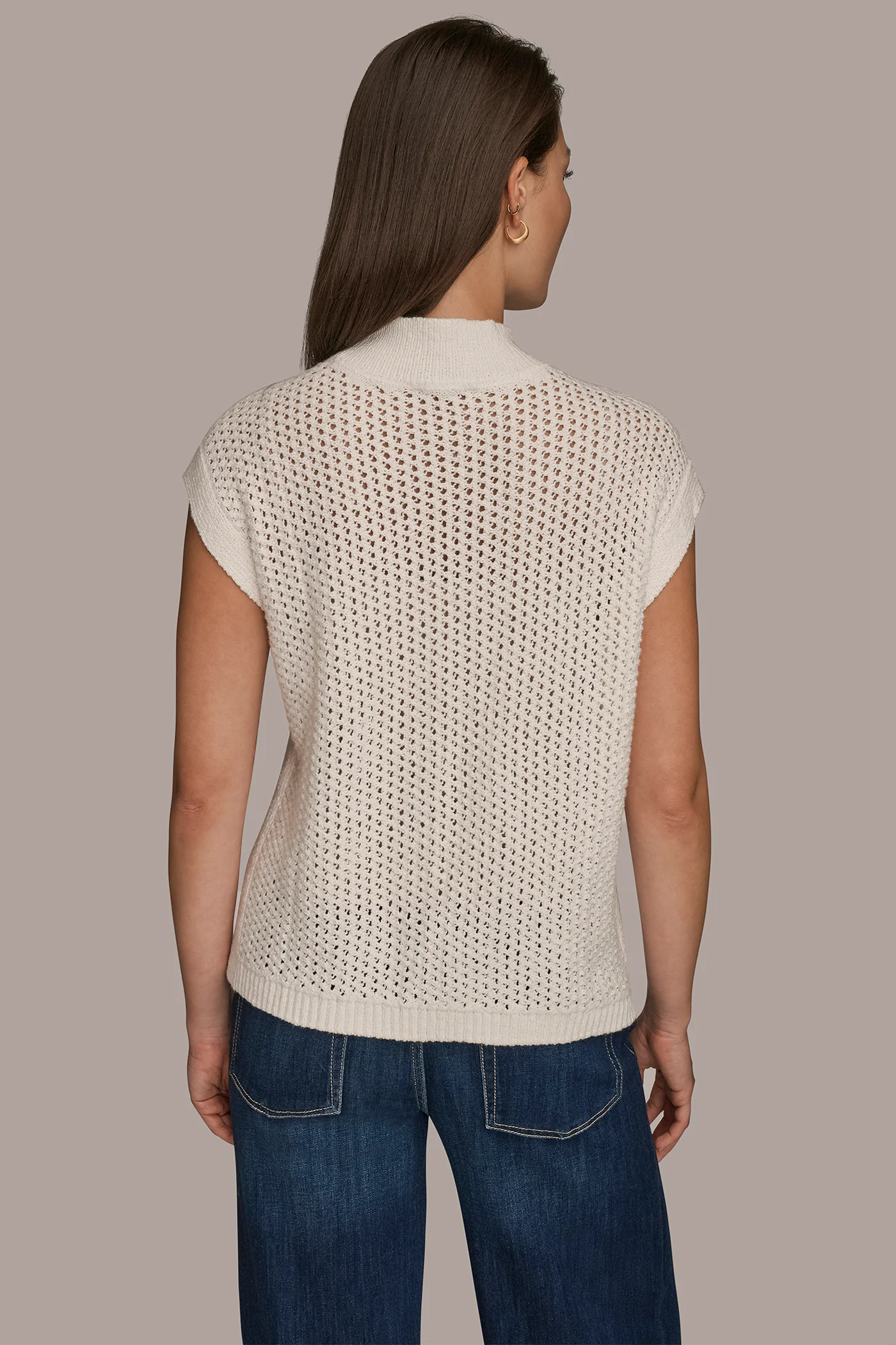 SLEEVELESS MOCK-NECK OPEN STITCH SWEATER - VXVOV