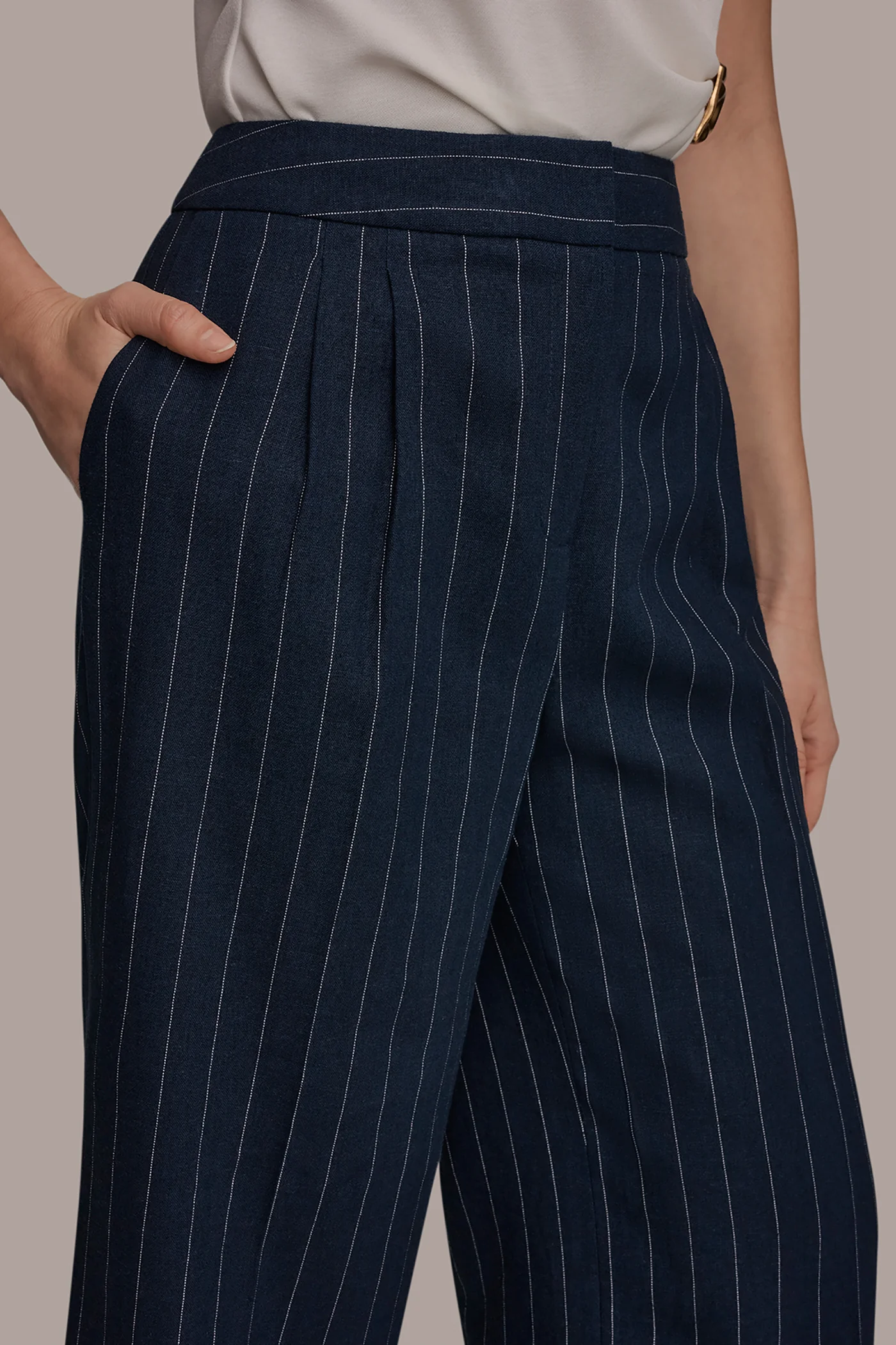 LINEN-BLEND PINSTRIPE WIDE-LEG SUIT PANT - VXVOV