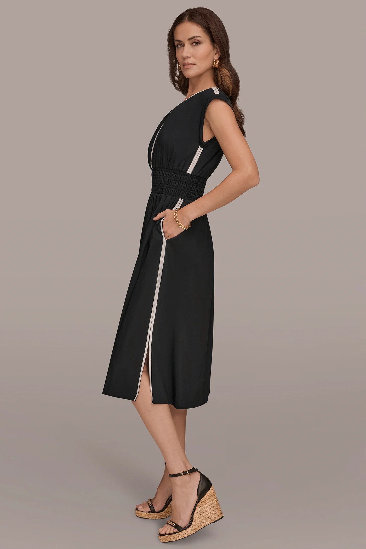 CAP-SLEEVE PIPED MIDI A-LINE DRESS - VXVOV