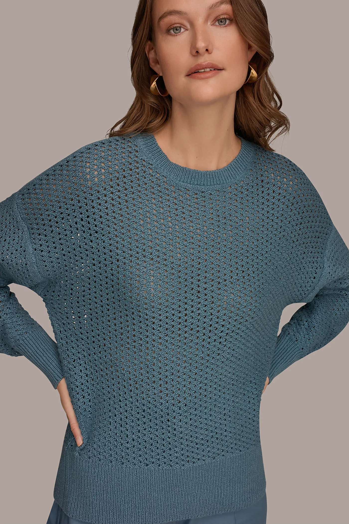 COTTON-BLEND LONG SLEEVE OPEN STITCH SWEATER - VXVOV