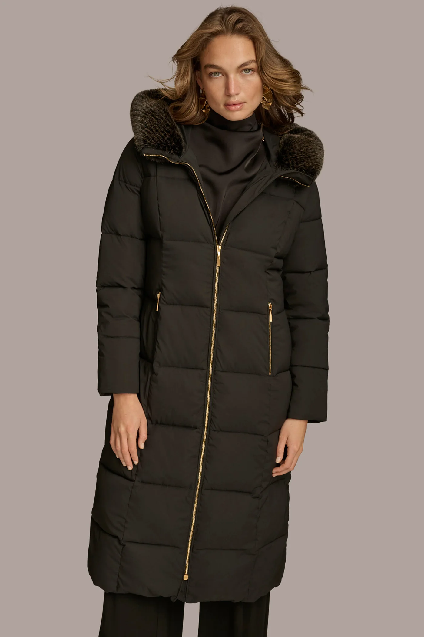 Long Hooded Puffer Coat with Faux Fur Trim - VXVOV