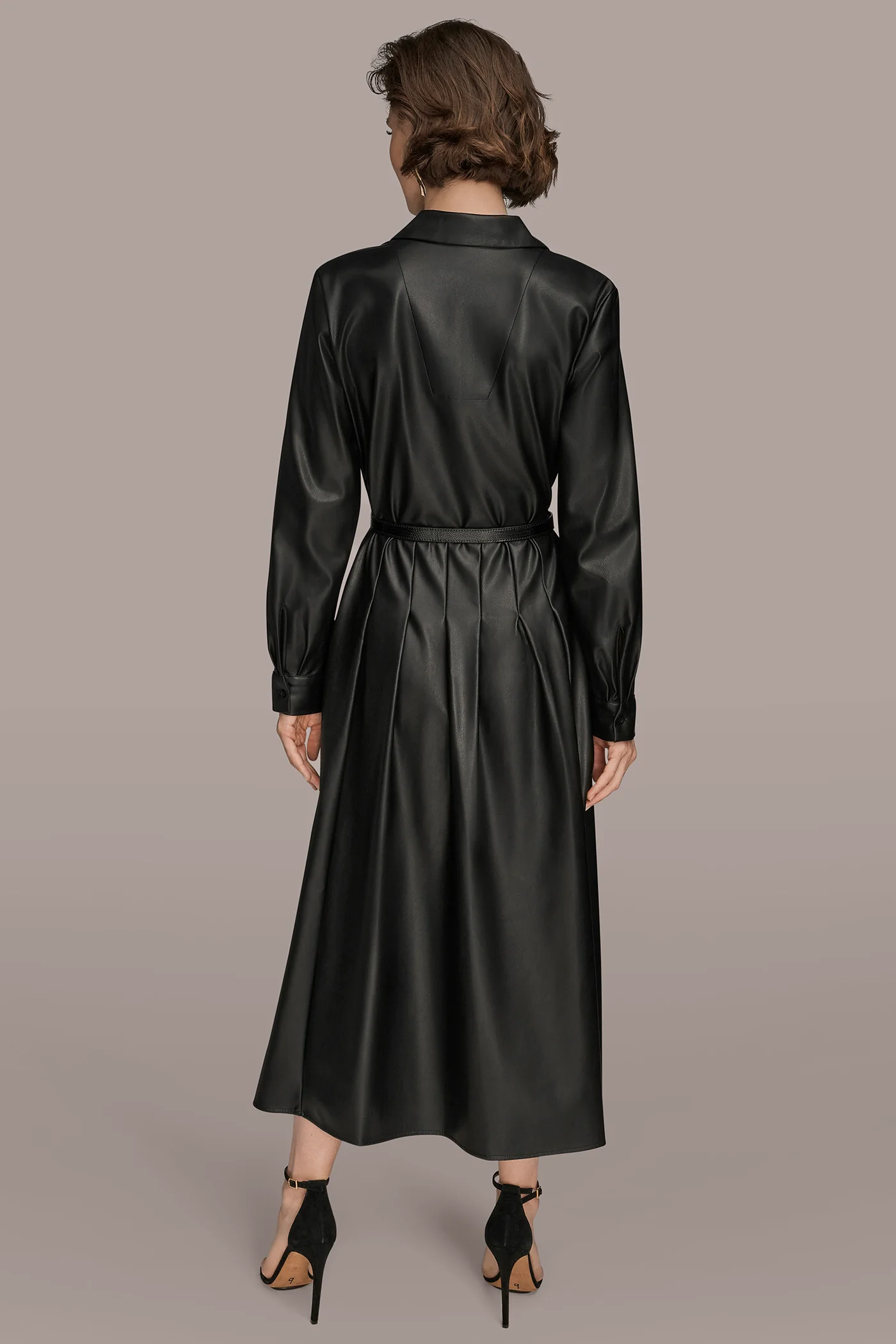 LONG SLEEVE FAUX LEATHER MIDI SHIRT DRESS - VXVOV