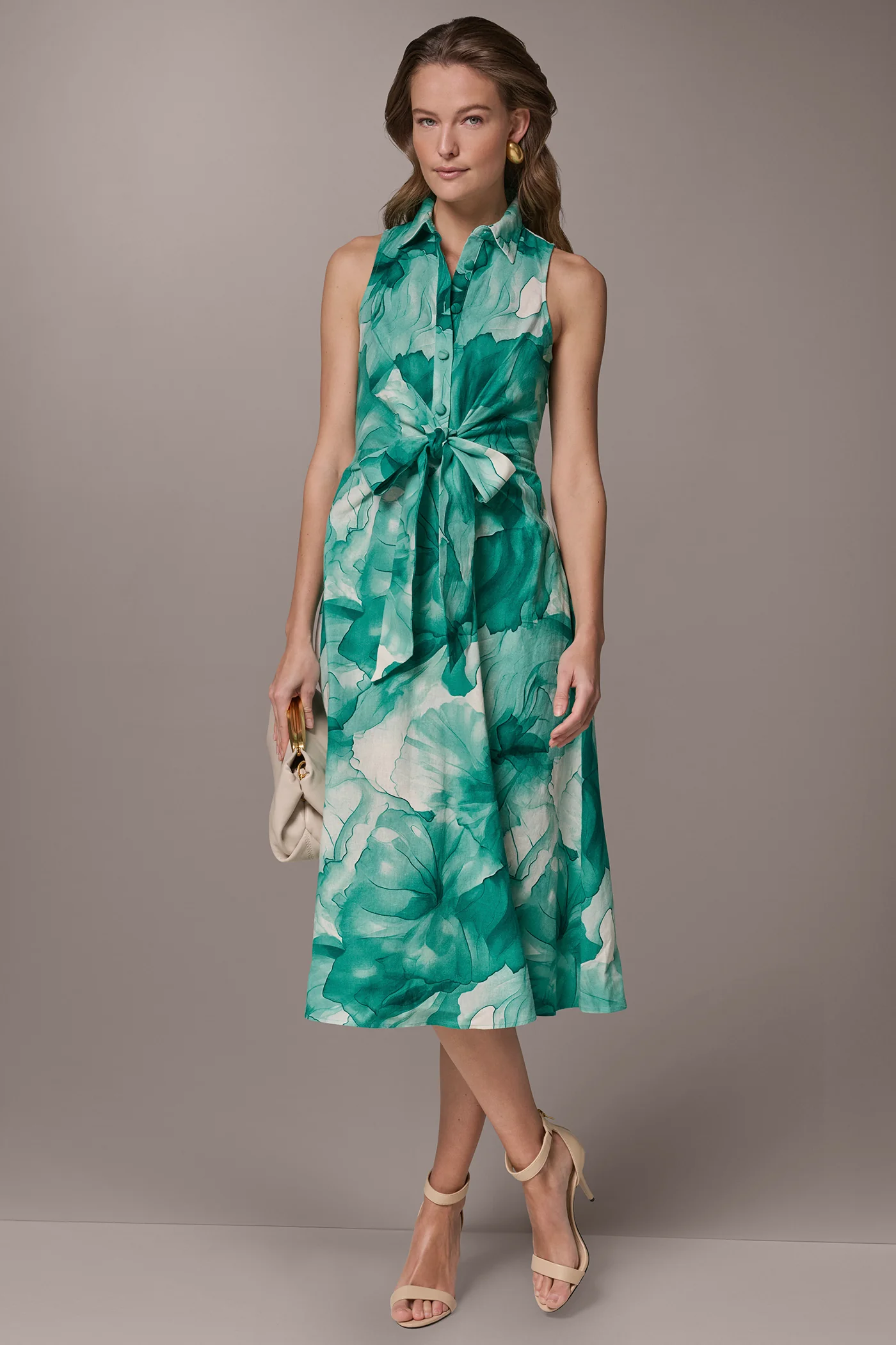 LINEN-BLEND FLORAL MIDI SHIRT DRESS - VXVOV