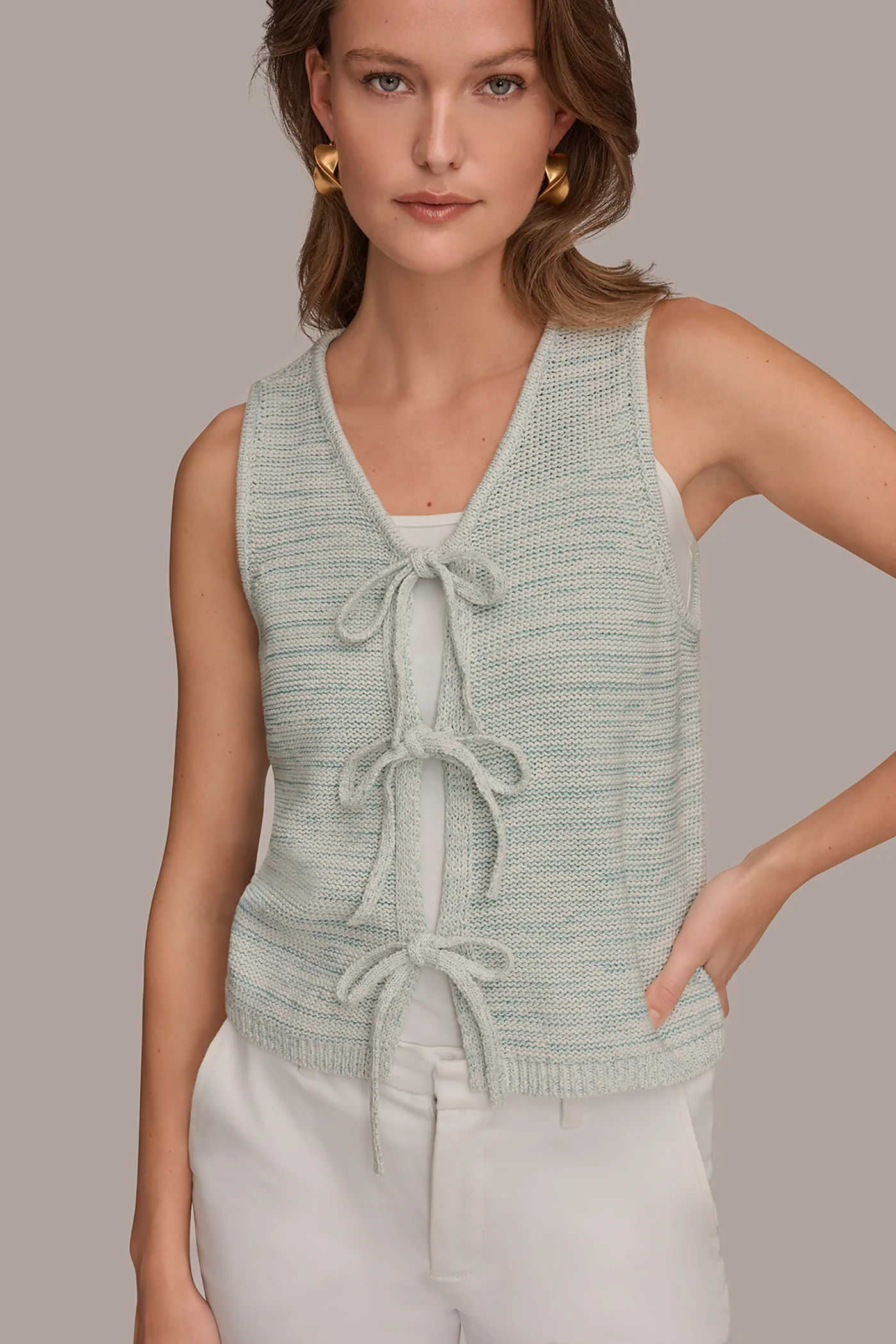 COTTON-BLEND SLEEVELESS TIE-FRONT CARDIGAN - VXVOV