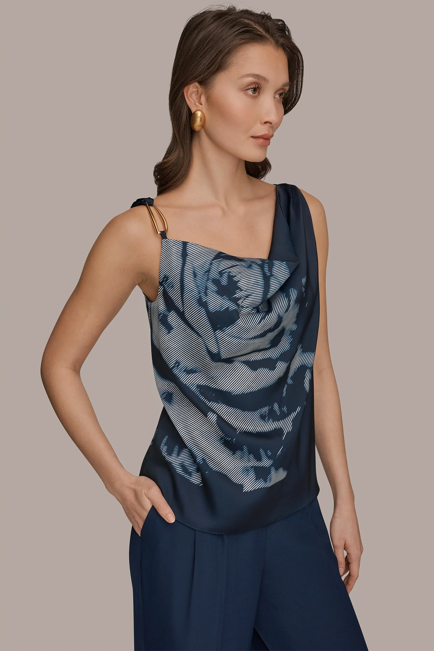 FLORAL COWL-NECK CUTOUT SHOULDER CAMI - VXVOV