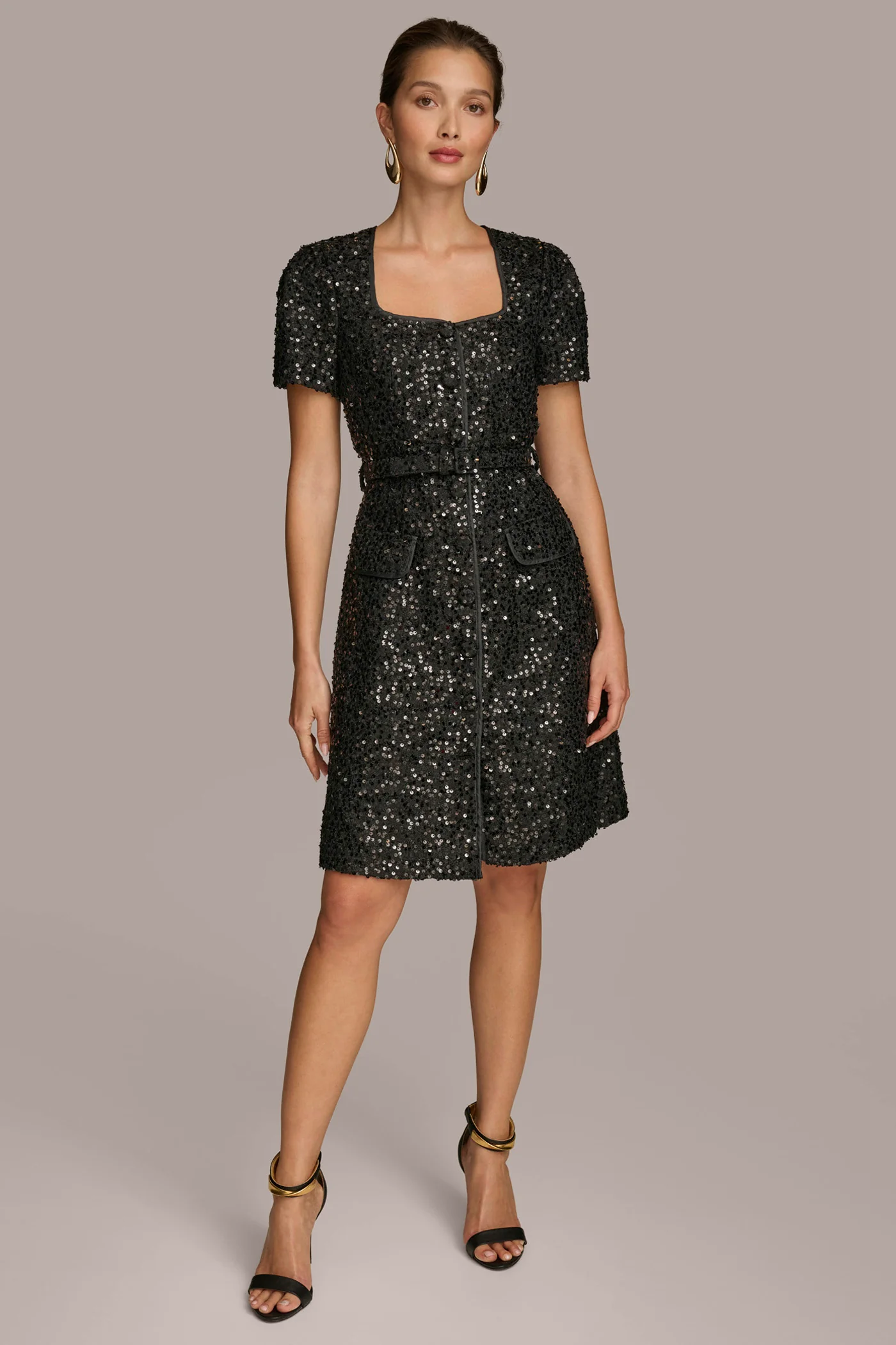SQUARE NECK SEQUIN A LINE DRESS - VXVOV