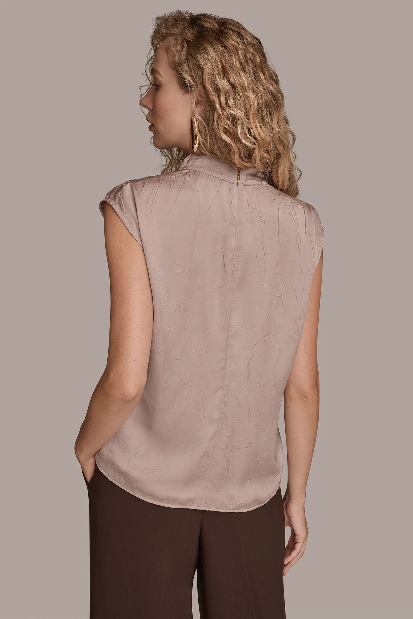 CRINKLE-SATIN CAP SLEEVE COWL-NECK TOP - VXVOV