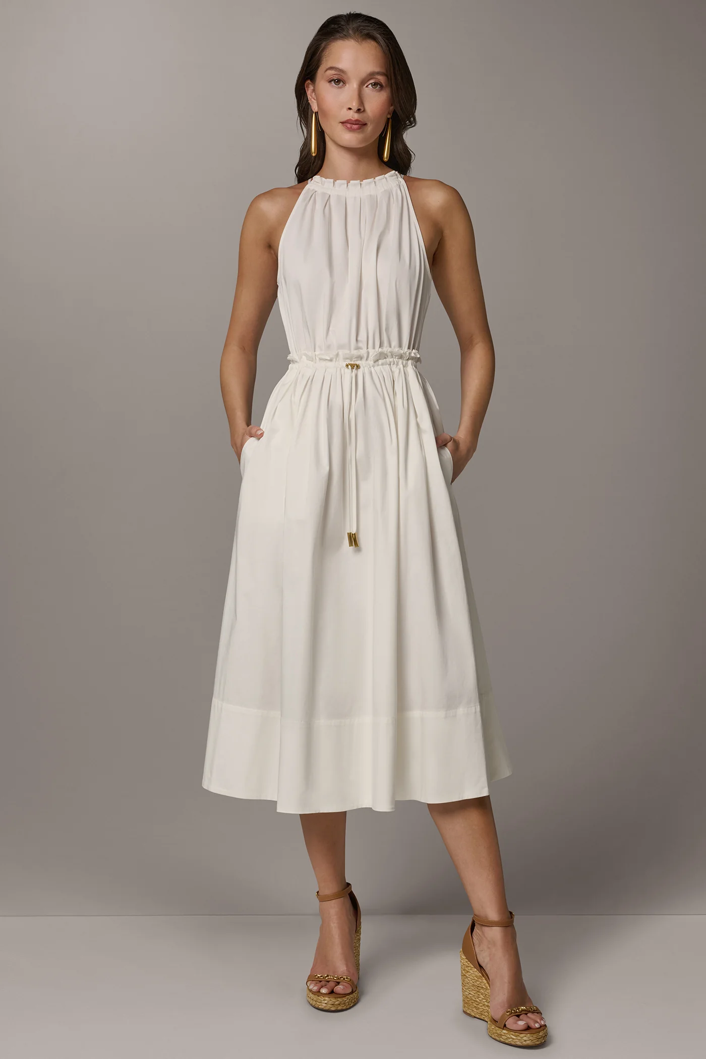 SLEEVELESS DRAWSTRING WAIST MIDI HALTER DRESS - VXVOV