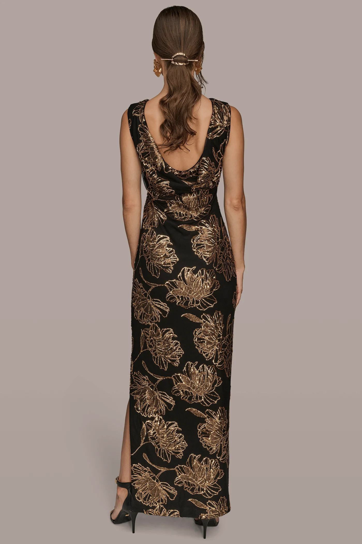 SLEEVELESS FLORAL SEQUIN GOWN - VXVOV