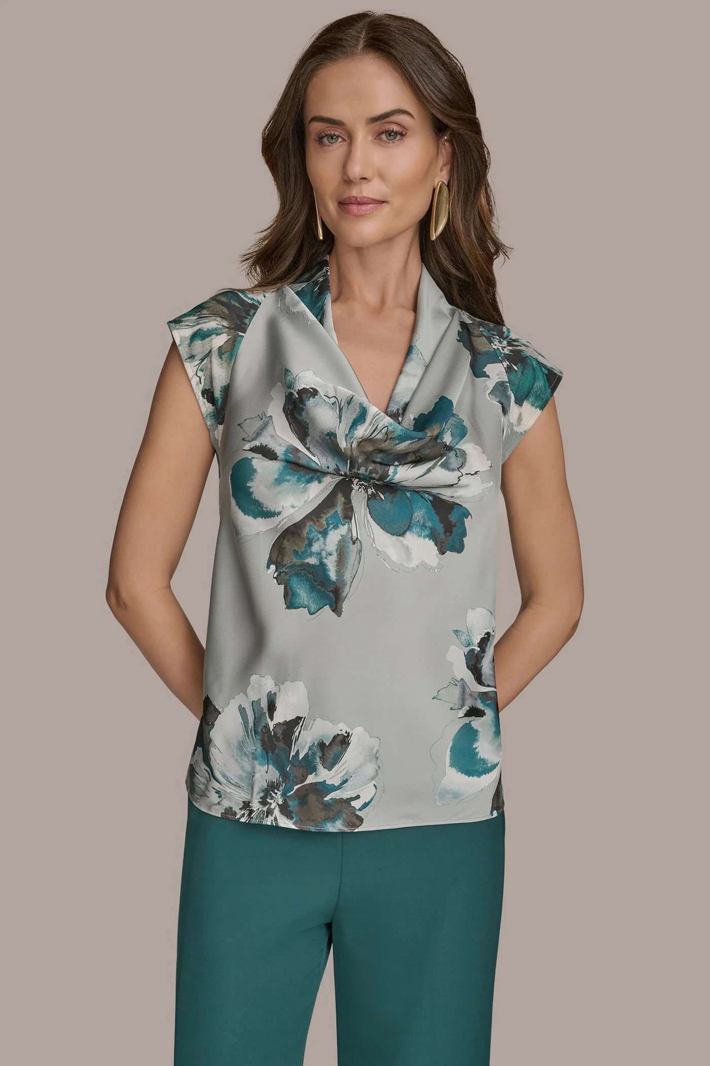CAP SLEEVE COWL-NECK FLORAL TOP - VXVOV