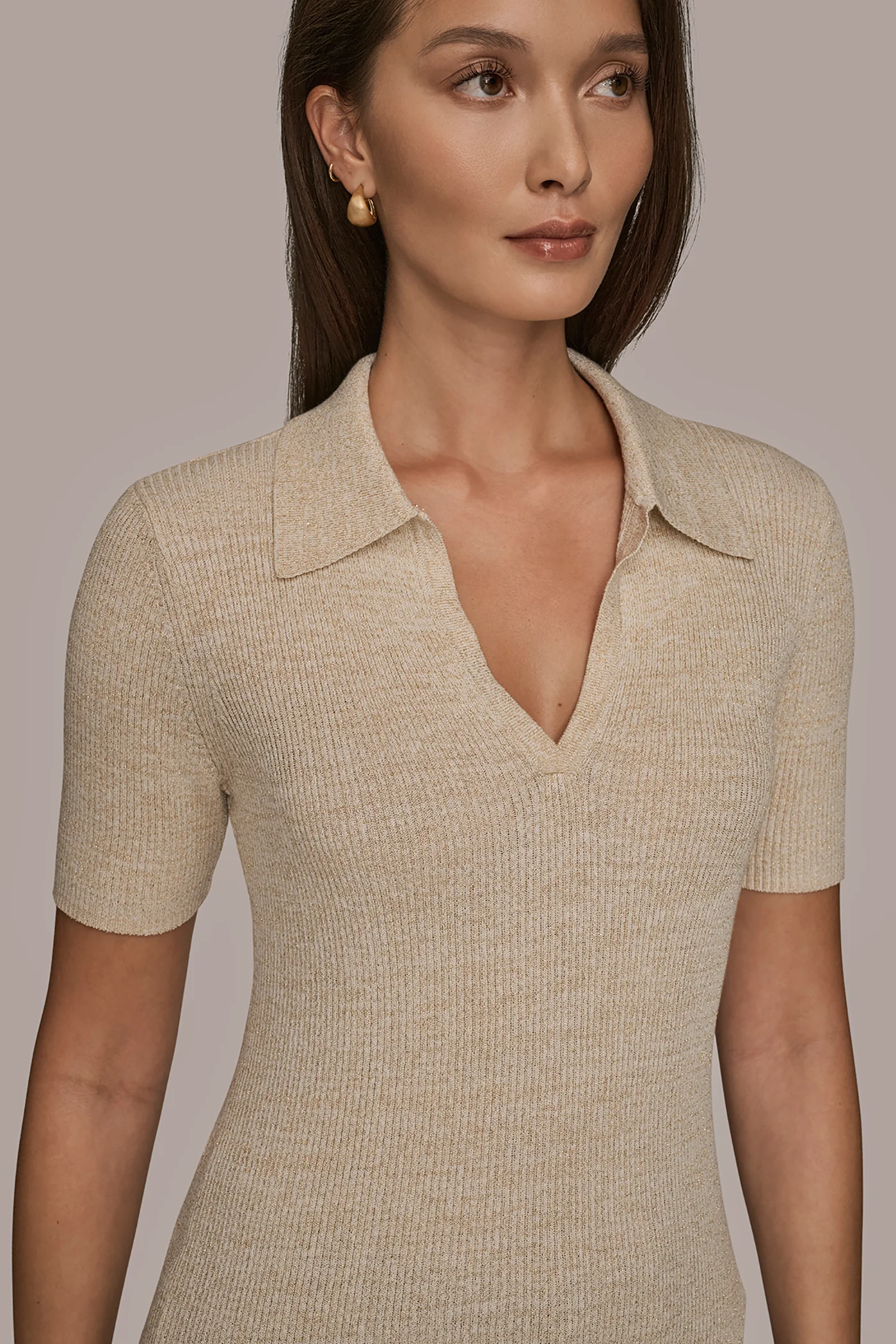 ELBOW-SLEEVE METALLIC RIBBED POLO SWEATER - VXVOV