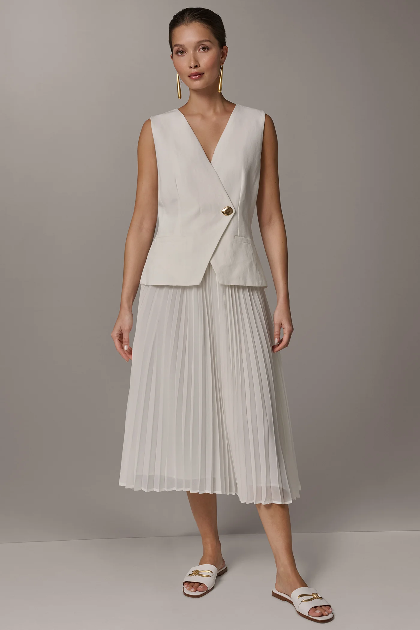 LINEN-BLEND MIXED MEDIA MIDI FIT AND FLARE DRESS - VXVOV