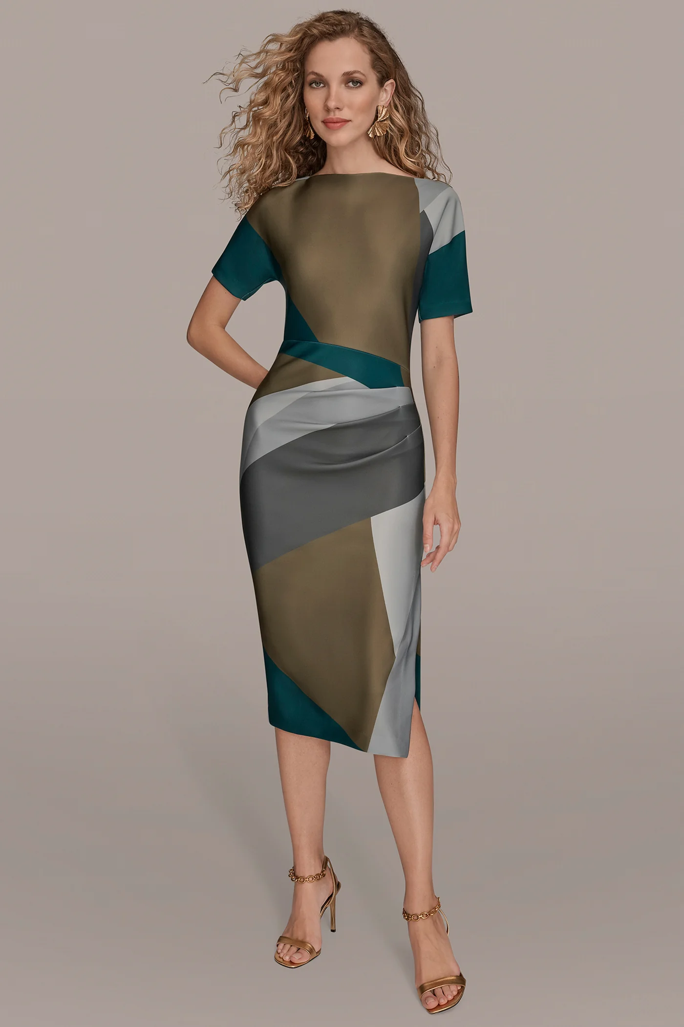 SHORT SLEEVE COLOR-BLOCK MIDI SHEATH DRESS - VXVOV