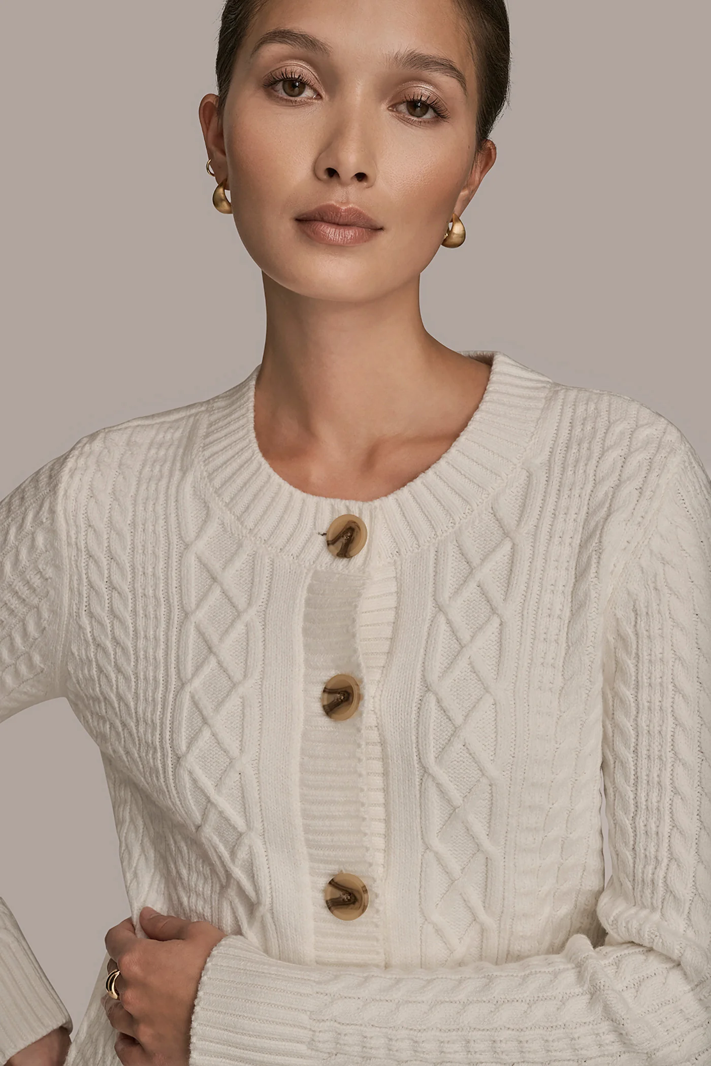 COTTON-BLEND CABLE-KNIT LONG SLEEVE CARDIGAN - VXVOV