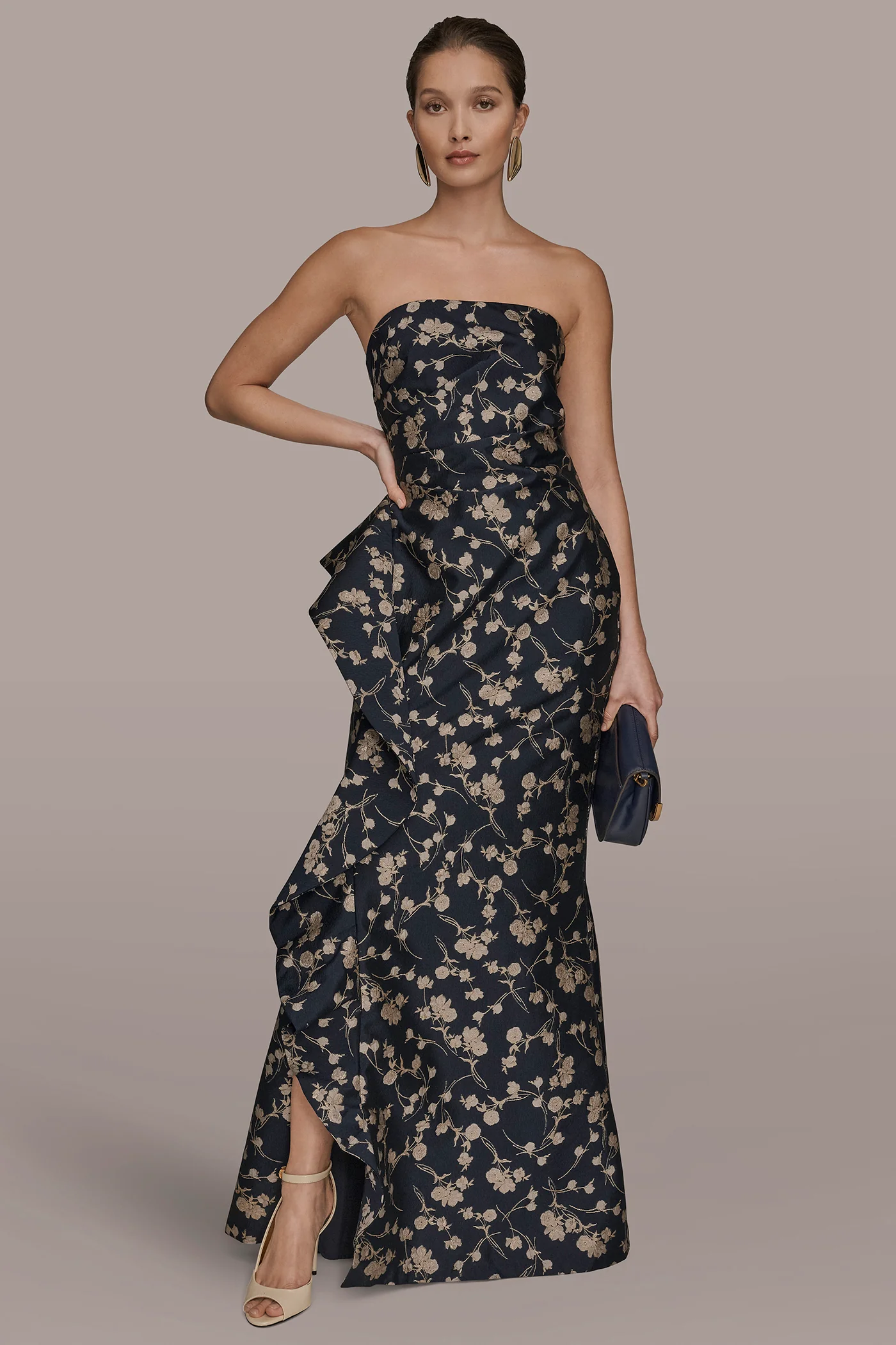 STRAPLESS FLORAL RUFFLED HIGH-SPLIT GOWN - VXVOV