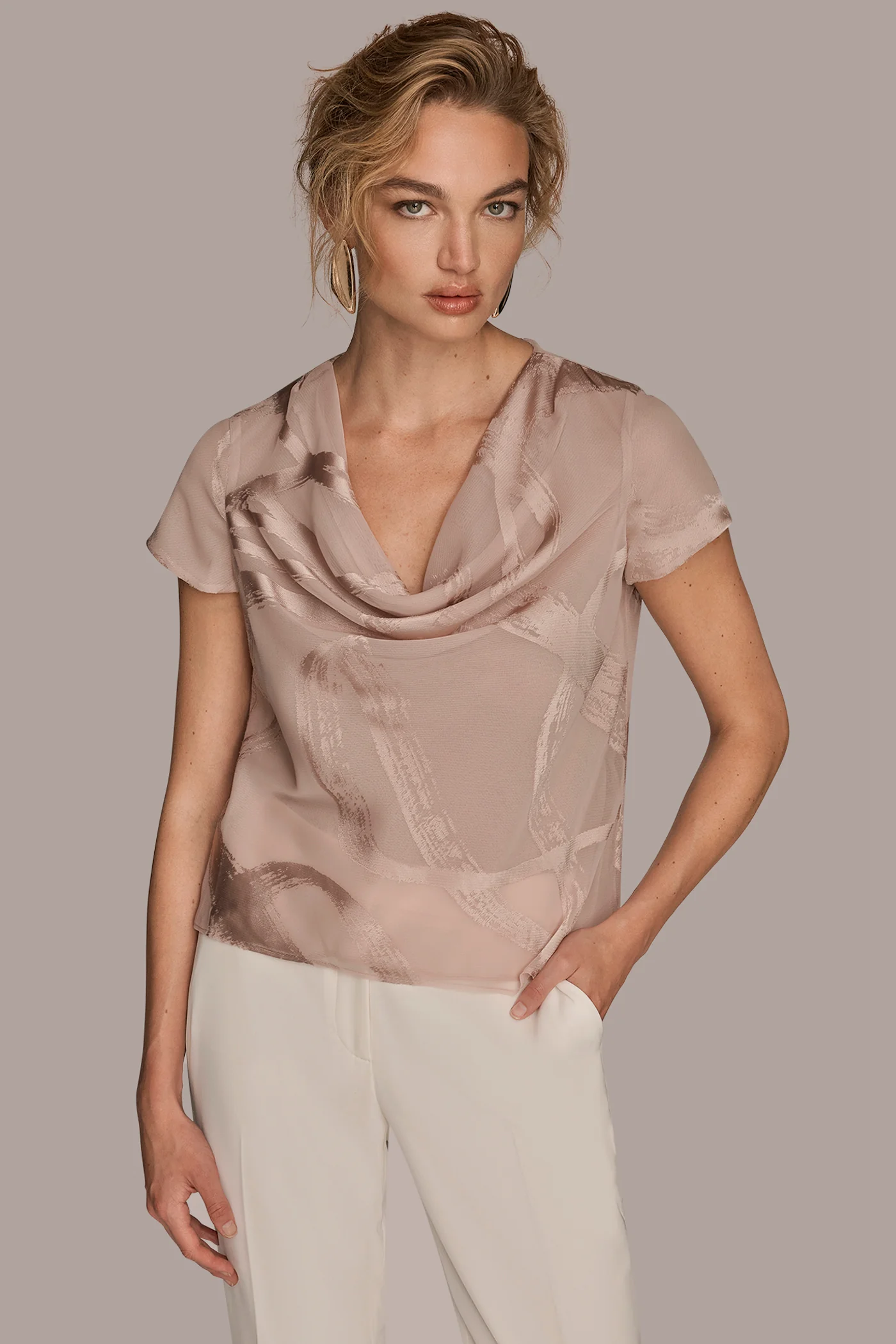 BURNOUT CAP SLEEVE COWL NECK TOP - VXVOV