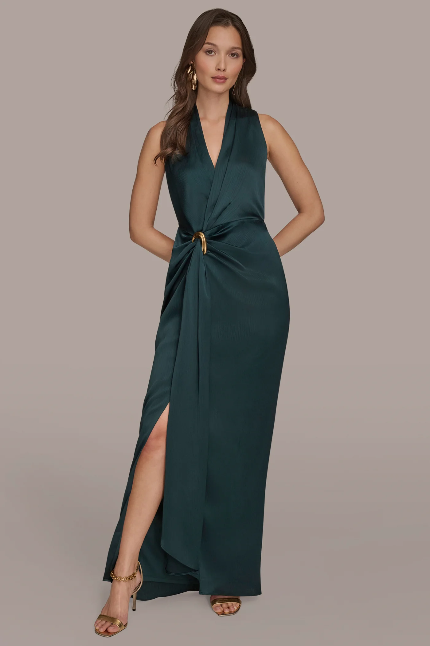 CRINKLE SATIN SLEEVELESS MAXI WRAP DRESS - VXVOV