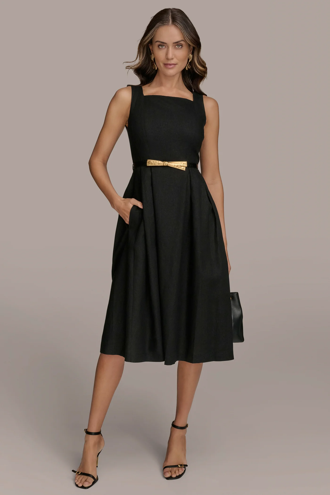 LINEN-BLEND SLEEVELESS SQUARE-NECK DRESS - VXVOV