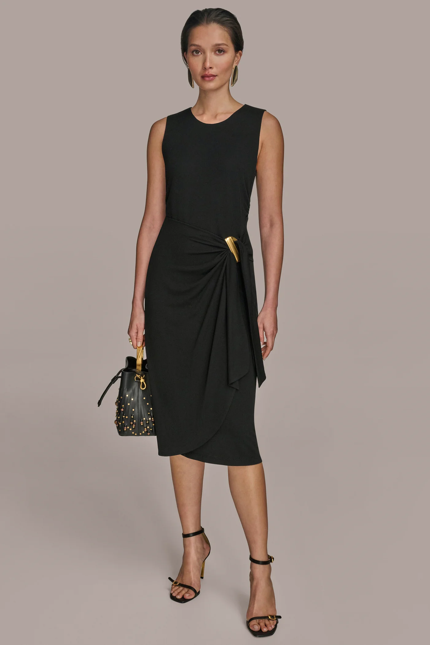 SLEEVELESS TIE-WAIST MIDI SHEATH DRESS - VXVOV