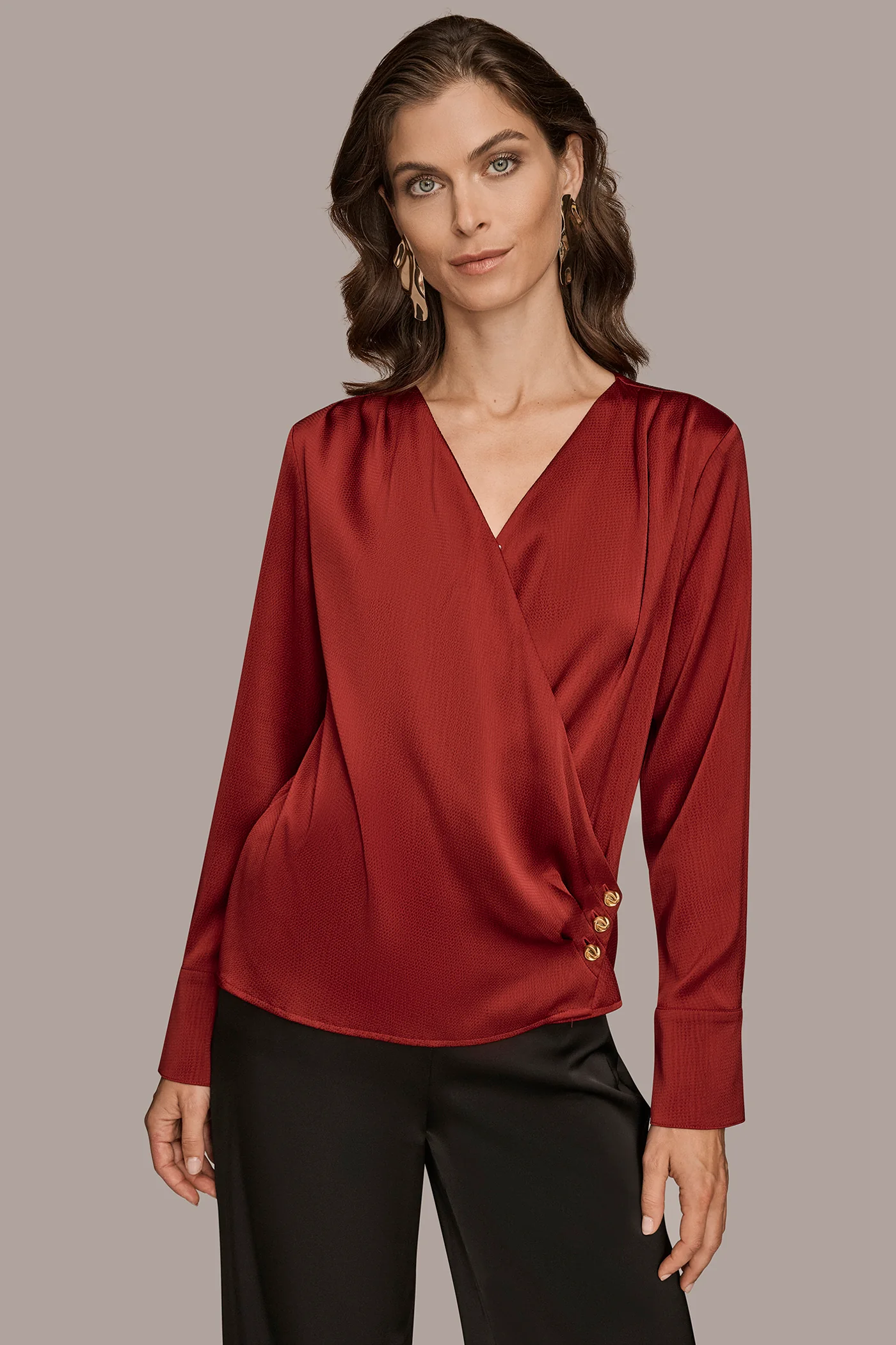 HAMMERED SATIN LONG SLEEVE FAUX WRAP TOP - VXVOV