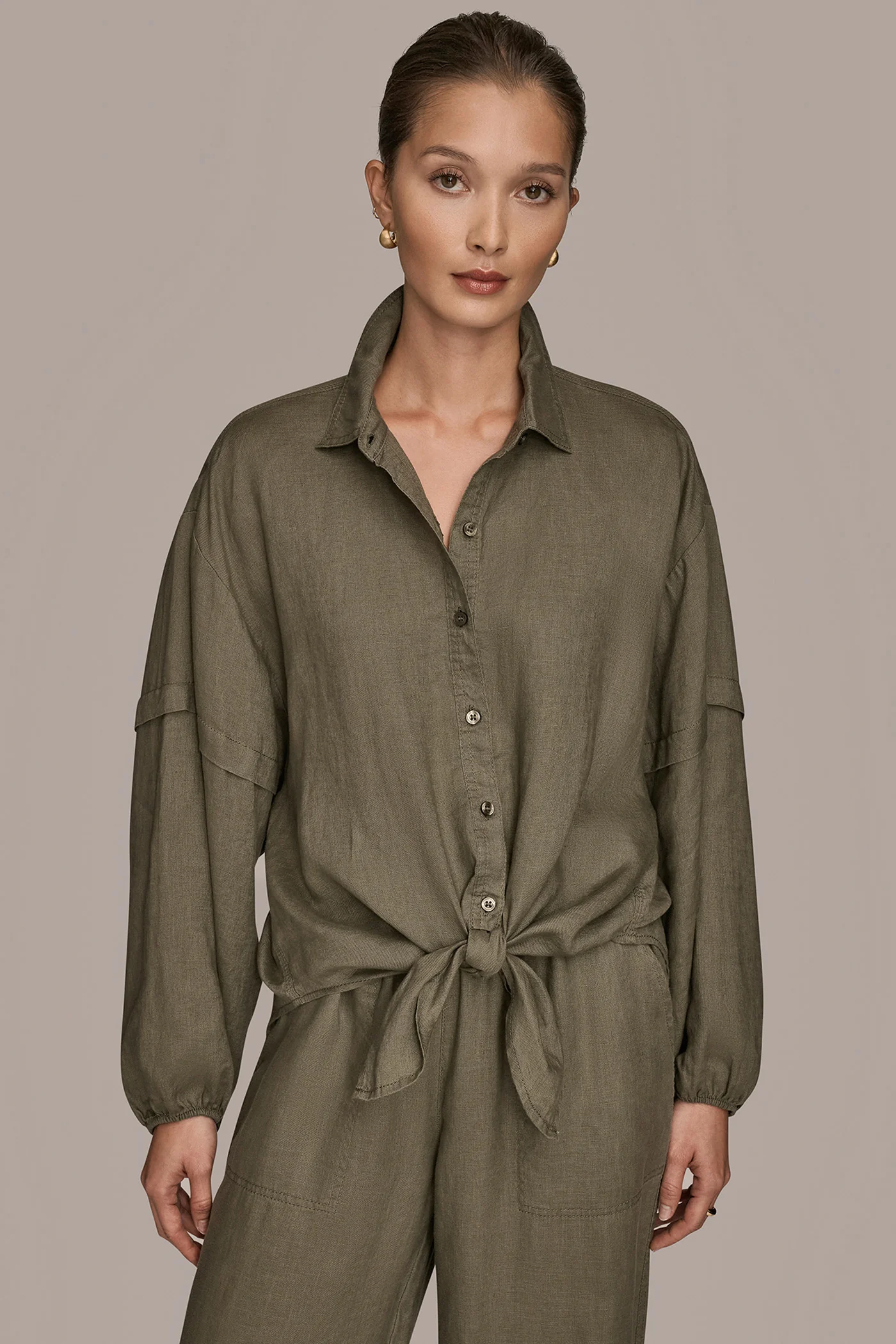 LINEN BLOUSON SLEEVE TIE-FRONT SHIRT - VXVOV