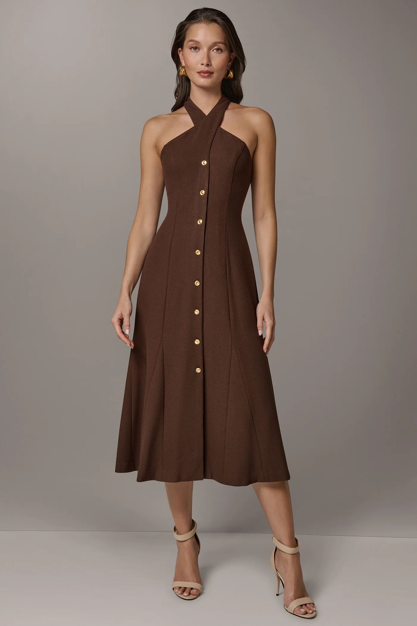 SLEEVELESS CROSS-FRONT MIDI HALTER DRESS - VXVOV