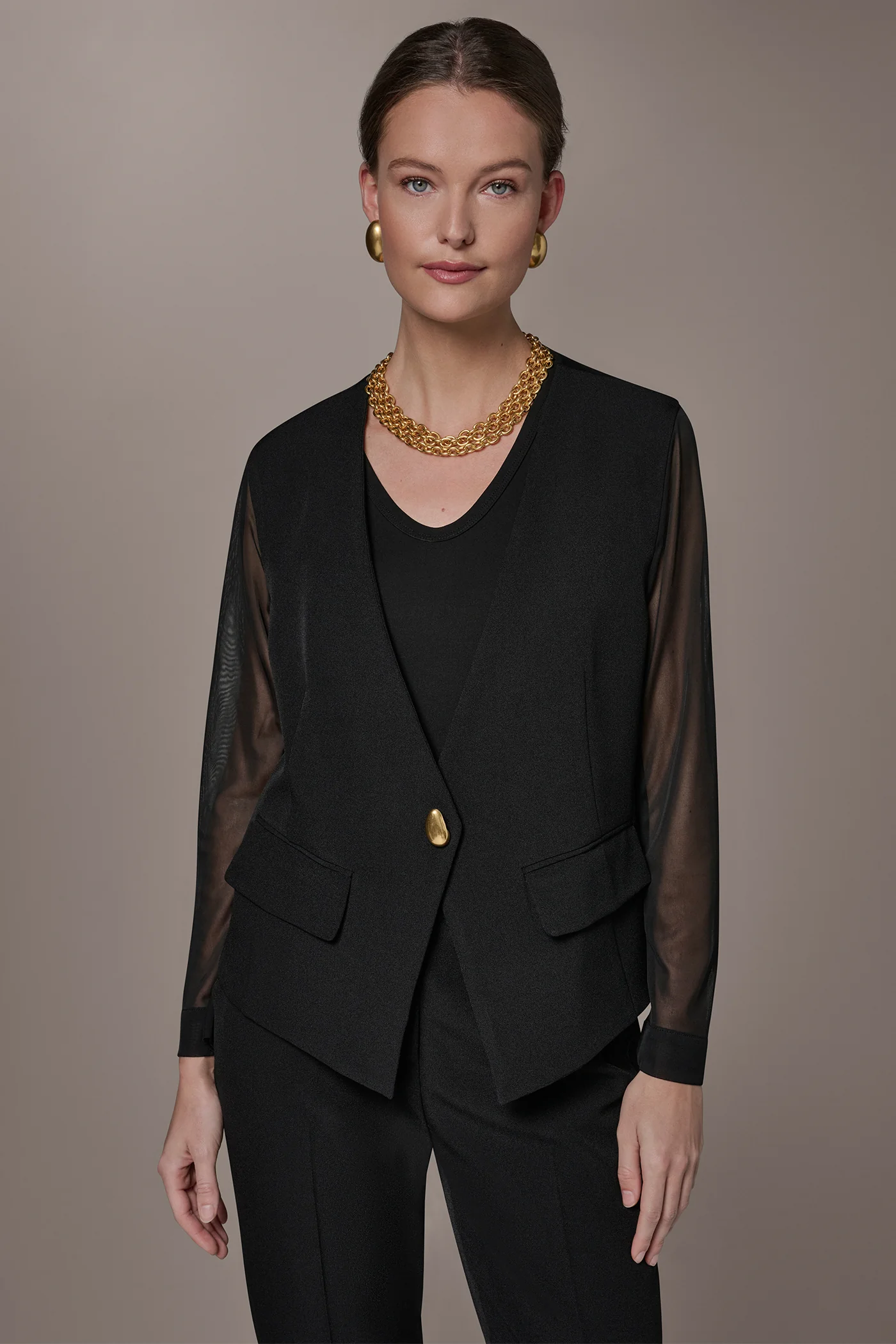 CHIFFON PANELED ONE BUTTON JACKET - VXVOV