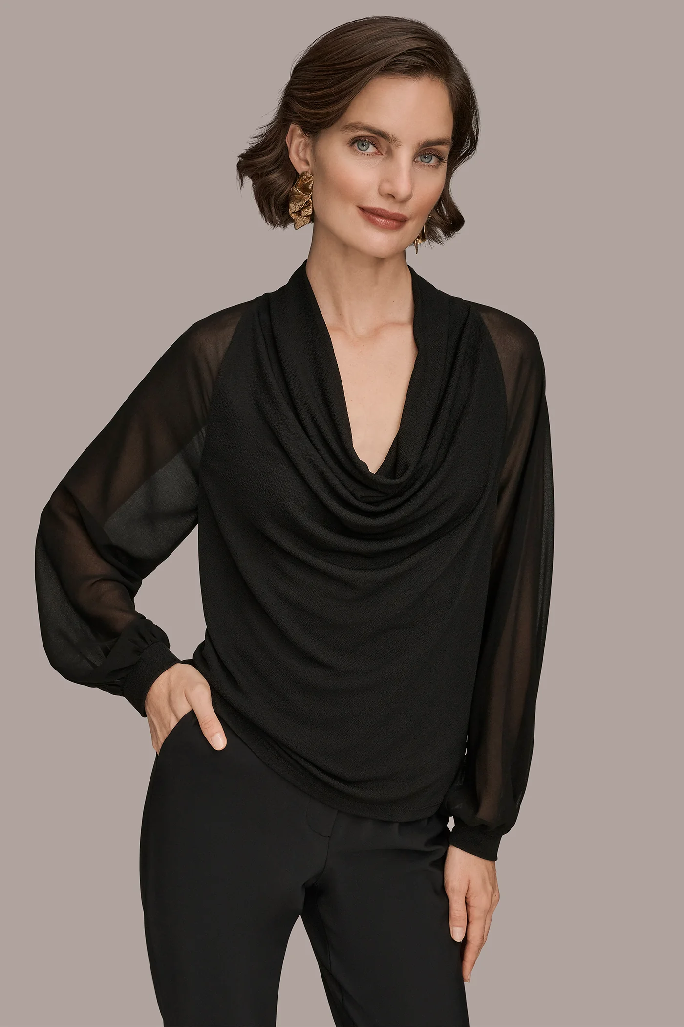 SATIN LONG SLEEVE COWL-NECK BLOUSE - VXVOV