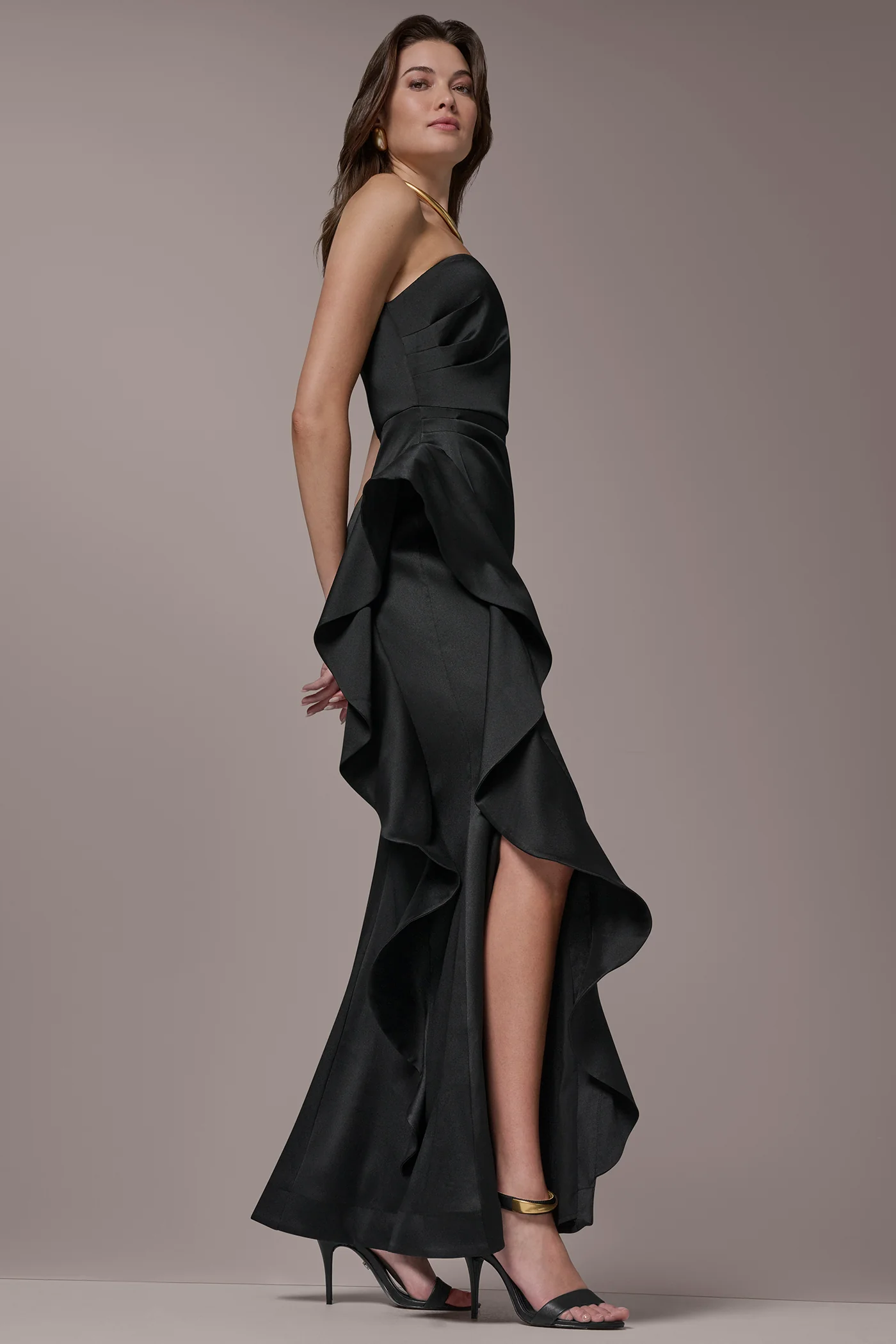 TAFFETA STRAPLESS RUFFLE GOWN - VXVOV