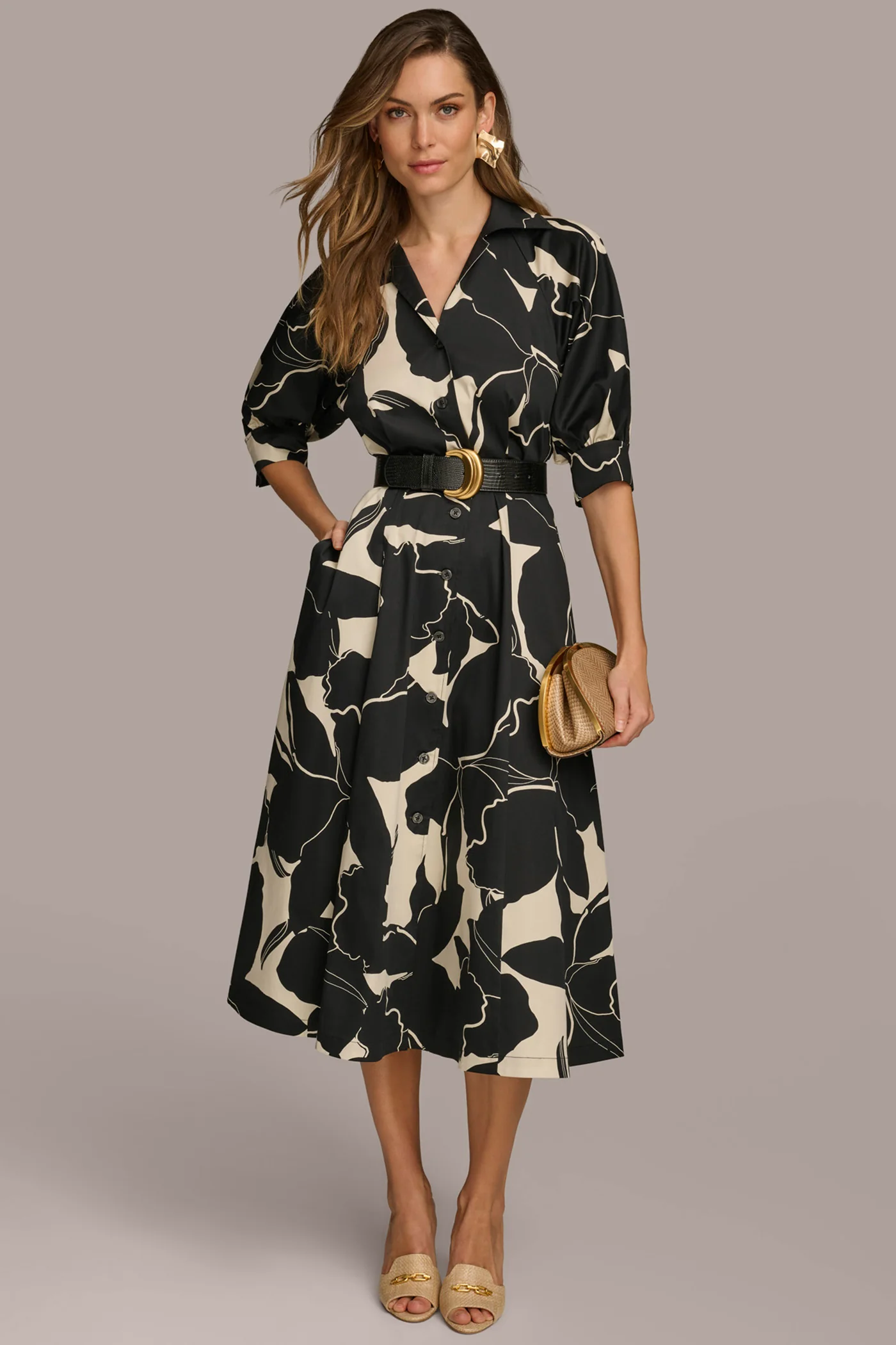 COTTON-SATEEN FLORAL MIDI SHIRT DRESS - VXVOV