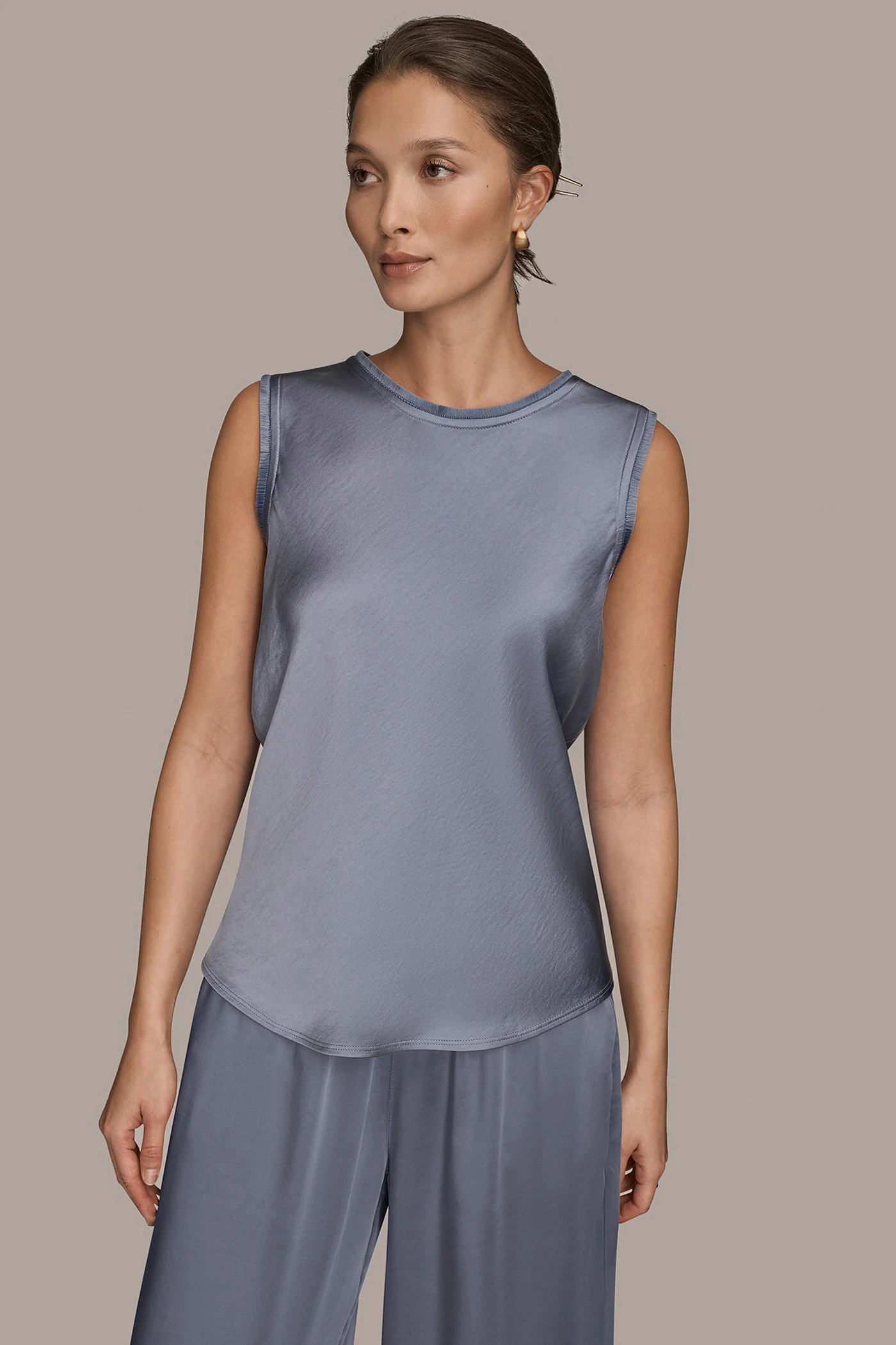 SATIN FRINGE-TRIMMED SLEEVELESS BLOUSE - VXVOV