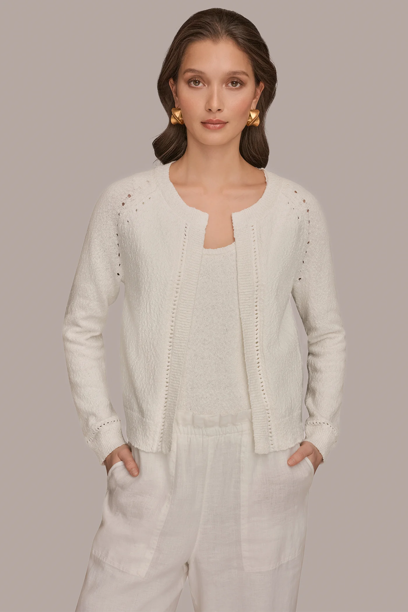 COTTON POINTELLE TRIM CARDIGAN - VXVOV