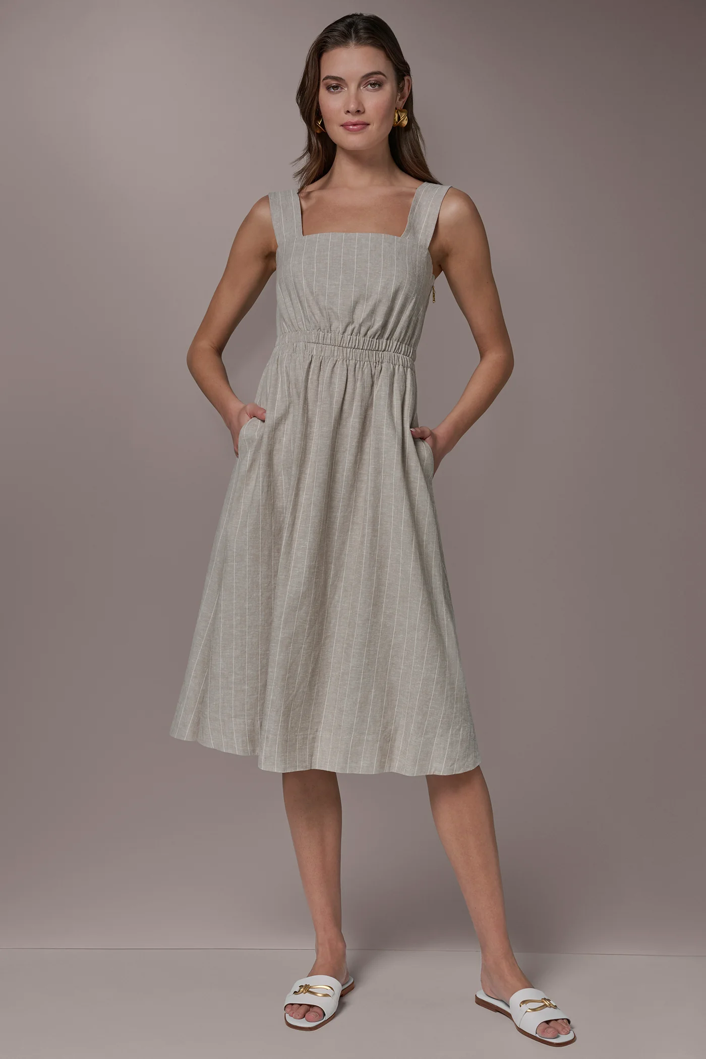 LINEN-BLEND PINSTRIPE CUTOUT MIDI DRESS - VXVOV