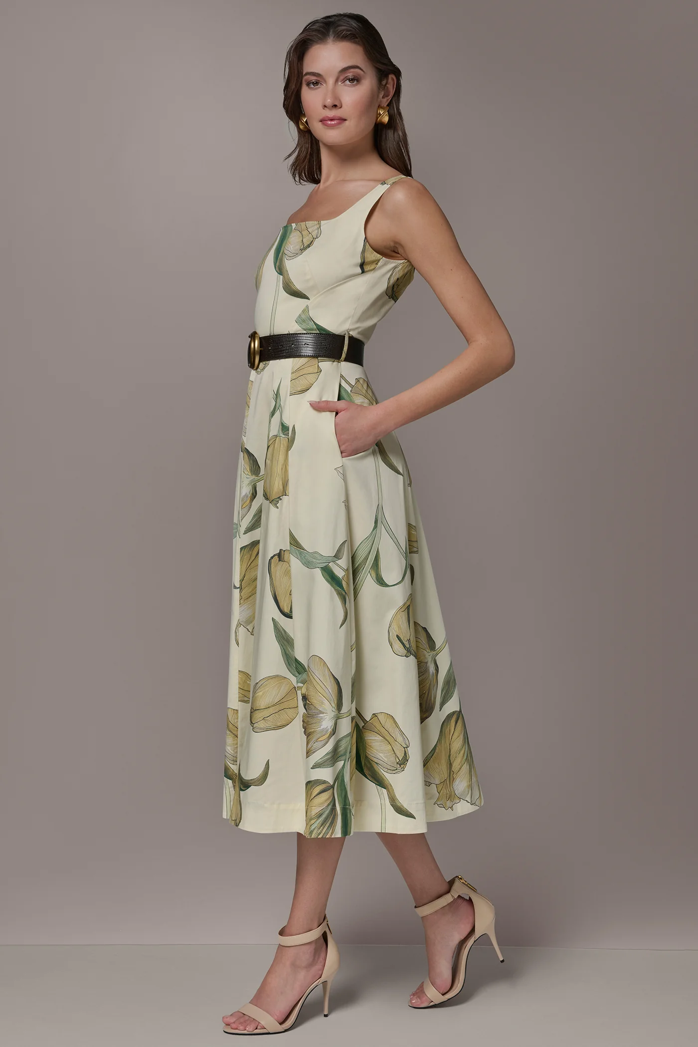 COTTON-SATEEN PRINTED MIDI A-LINE DRESS - VXVOV