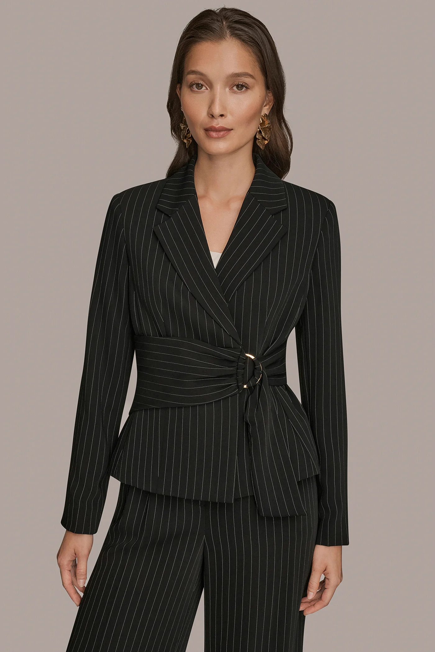 BELTED PINSTRIPED WRAP BLAZER - VXVOV