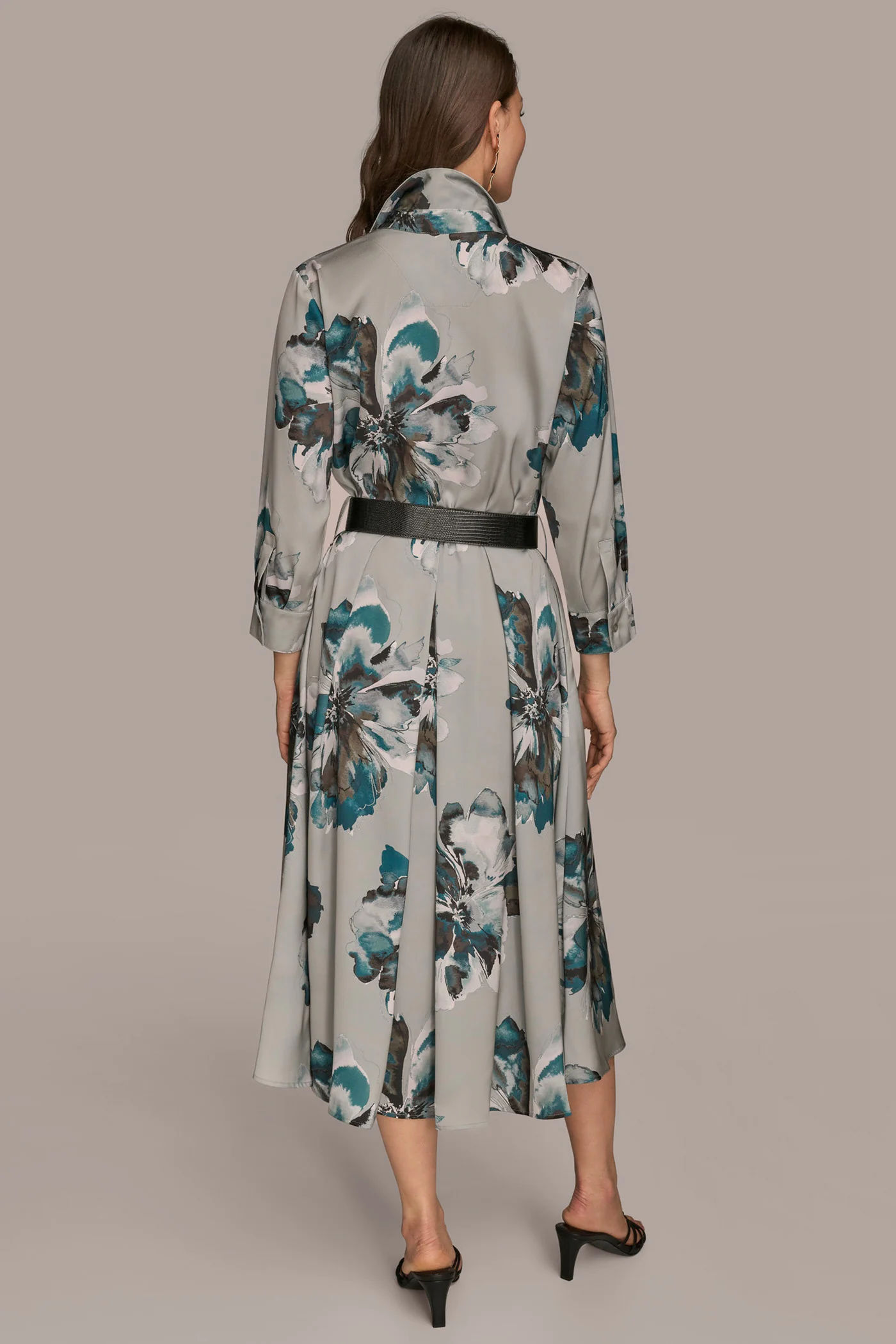 3/4 SLEEVE SATIN FLORAL MIDI SHIRT DRESS - VXVOV