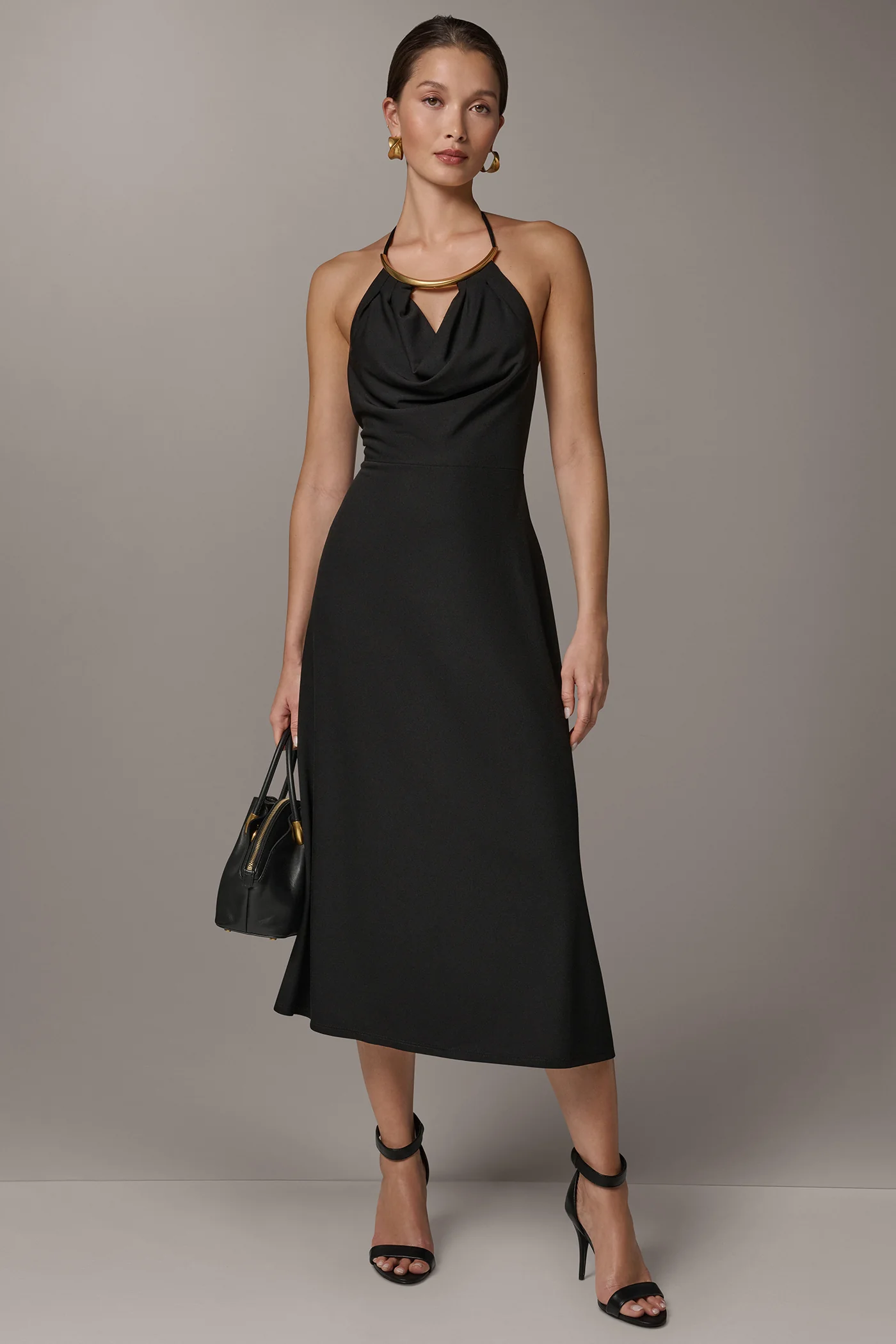 SLEEVELESS COWL NECK MIDI HALTER DRESS - VXVOV