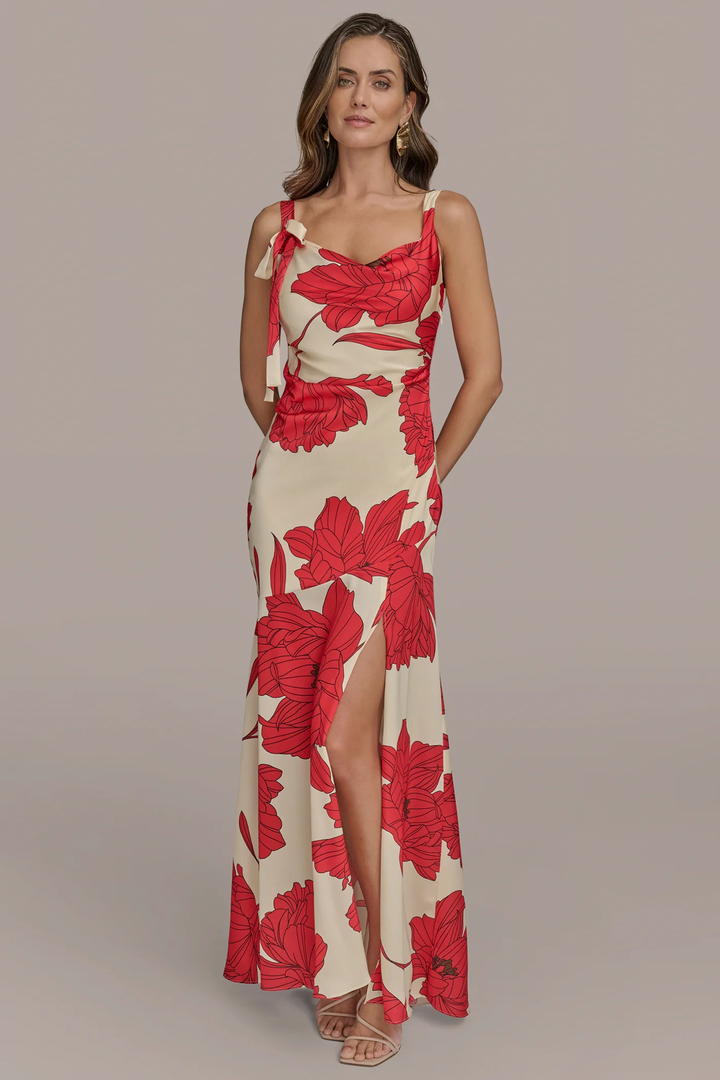 SATIN FLORAL SLEEVELESS BOW GOWN - VXVOV