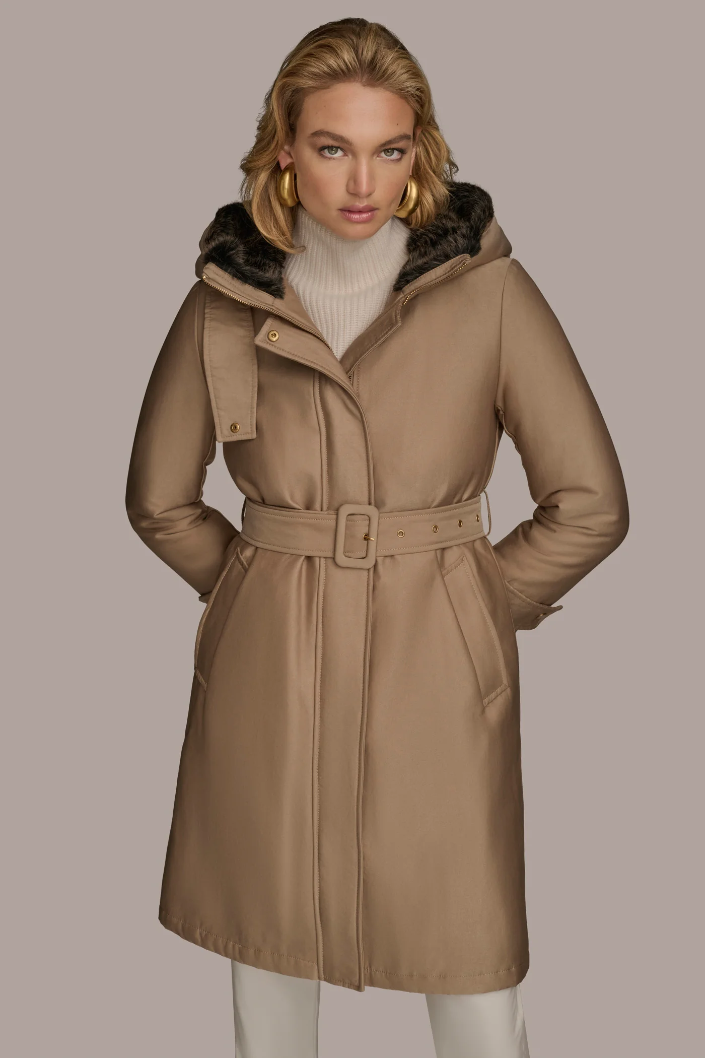 FAUX FUR TRIM LINED RAIN COAT - VXVOV