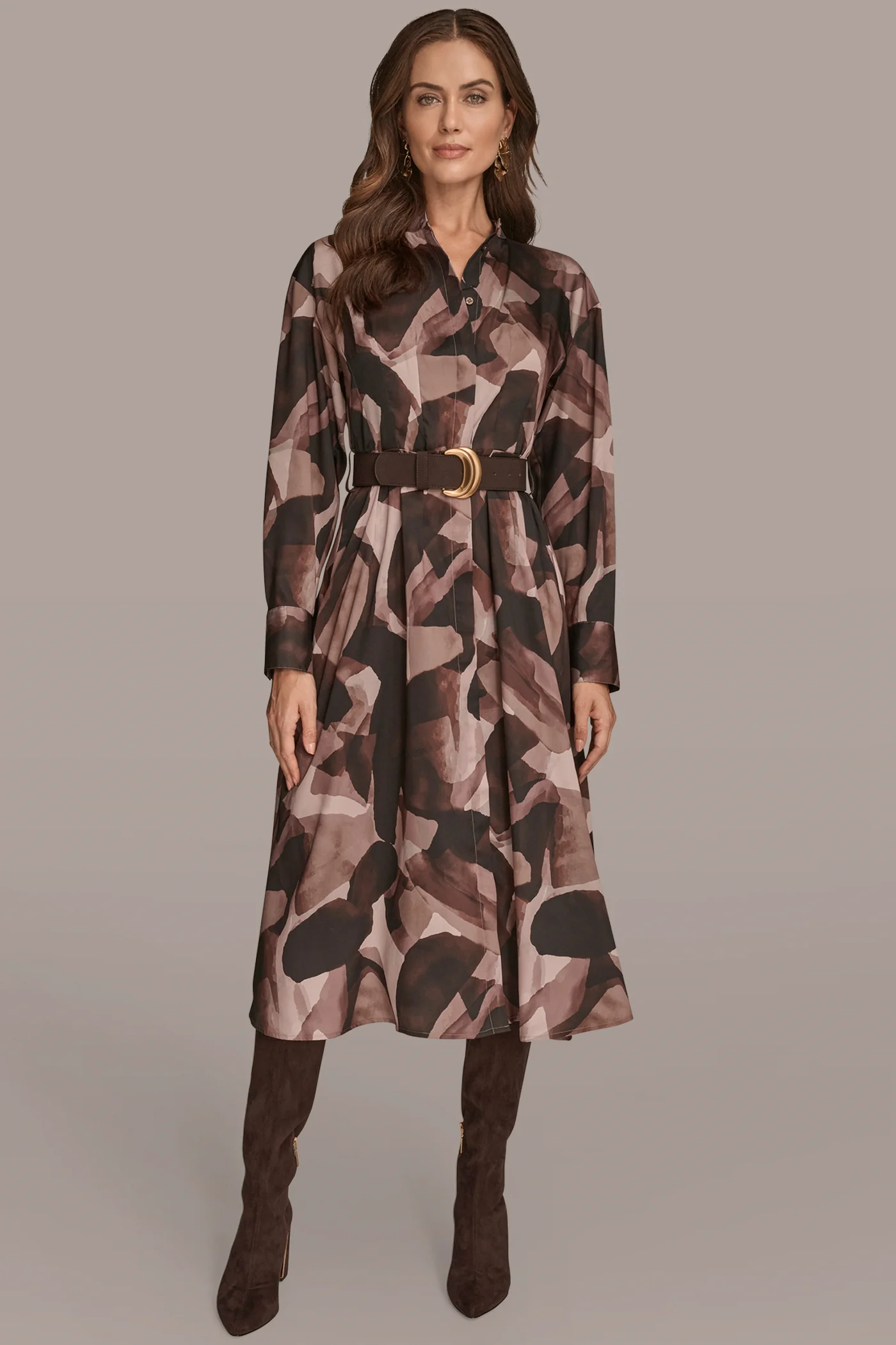 COLLARLESS PRINTED MIDI SHIRT DRESS - VXVOV