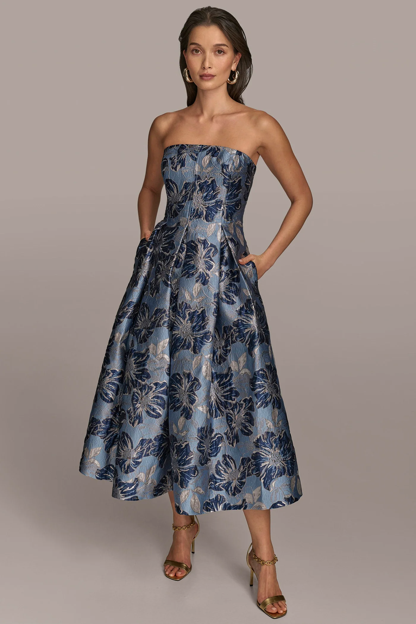 FLORAL-JACQUARD STRAPLESS MIDI GOWN - VXVOV