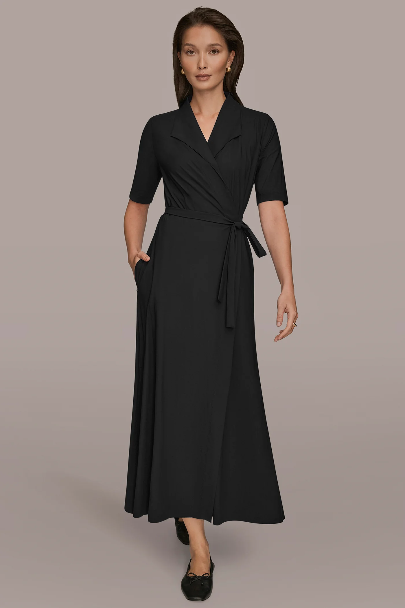 ELBOW-SLEEVE MIDI WRAP DRESS - VXVOV