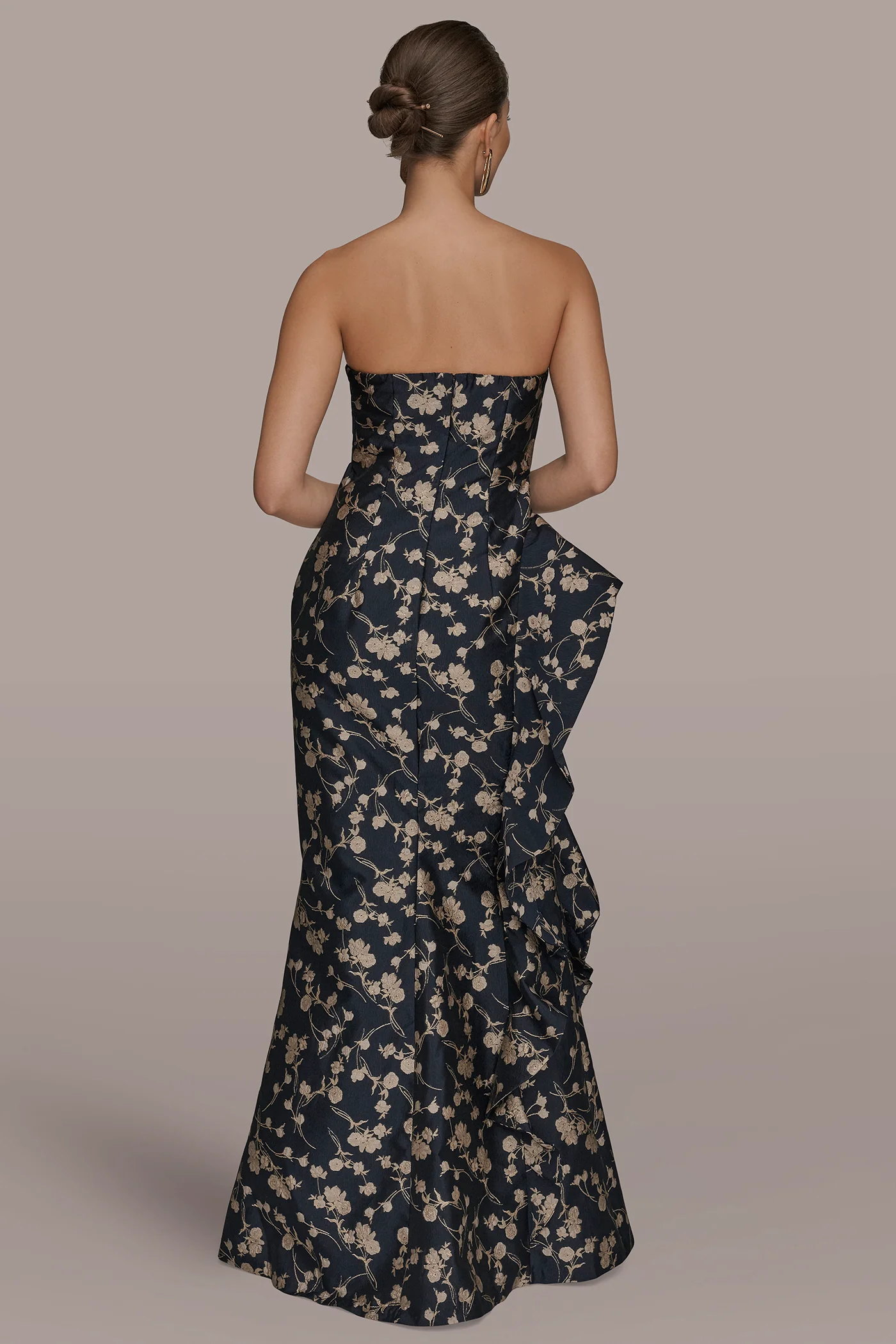 STRAPLESS FLORAL RUFFLED HIGH-SPLIT GOWN - VXVOV