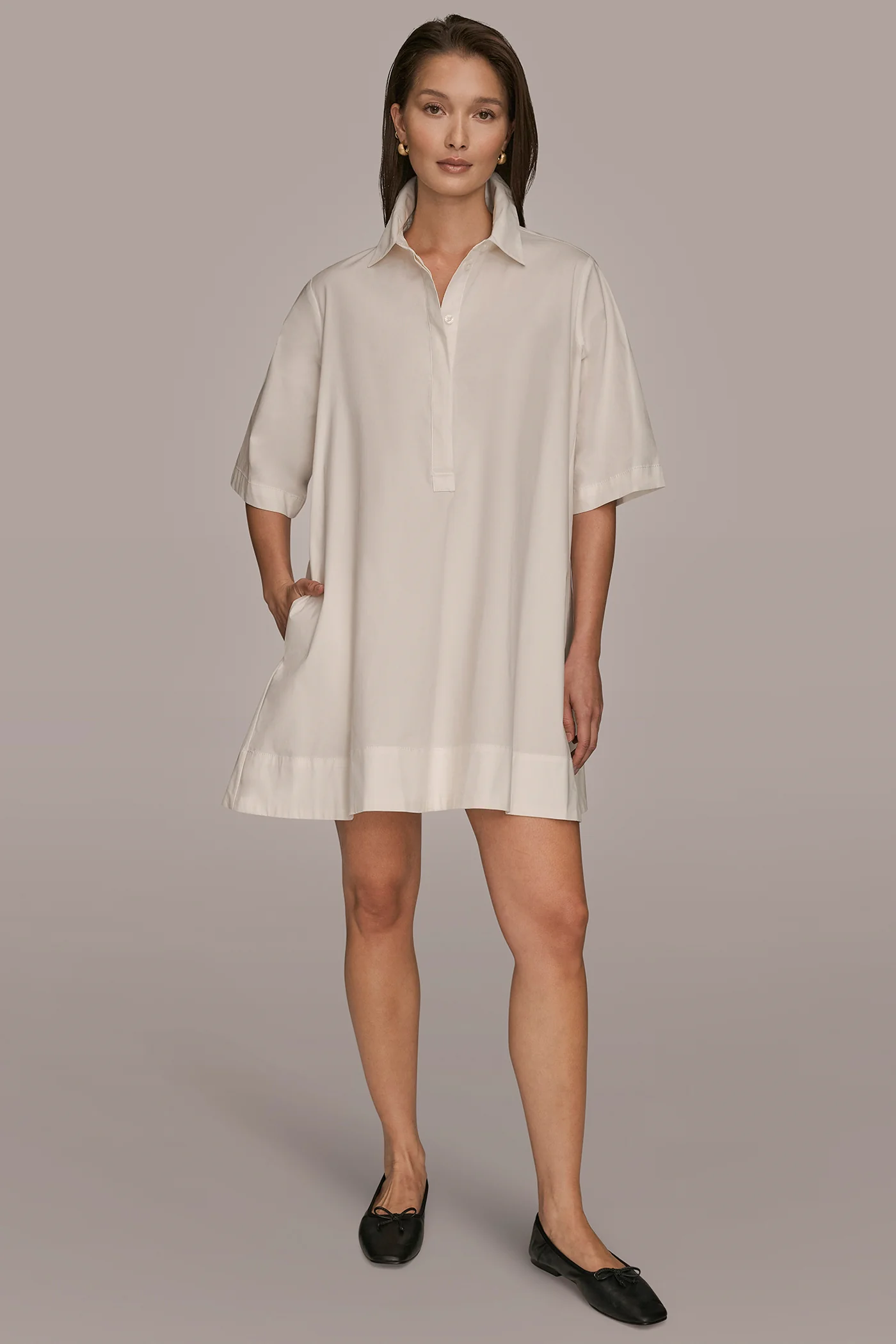 ELBOW-SLEEVE MINI SHIRT DRESS - VXVOV