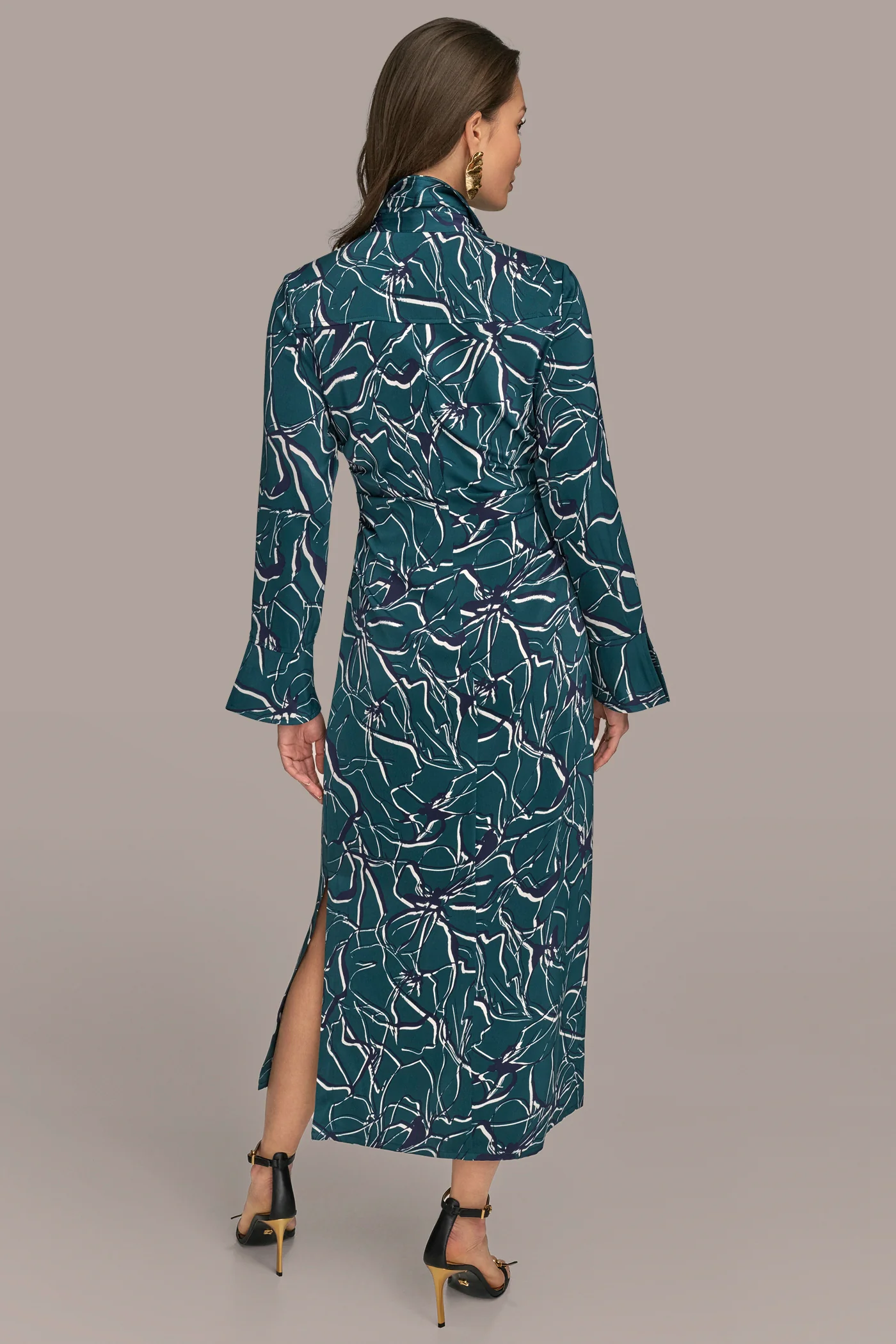 BELL SLEEVE SATIN FLORAL MIDI SHIRT DRESS - VXVOV