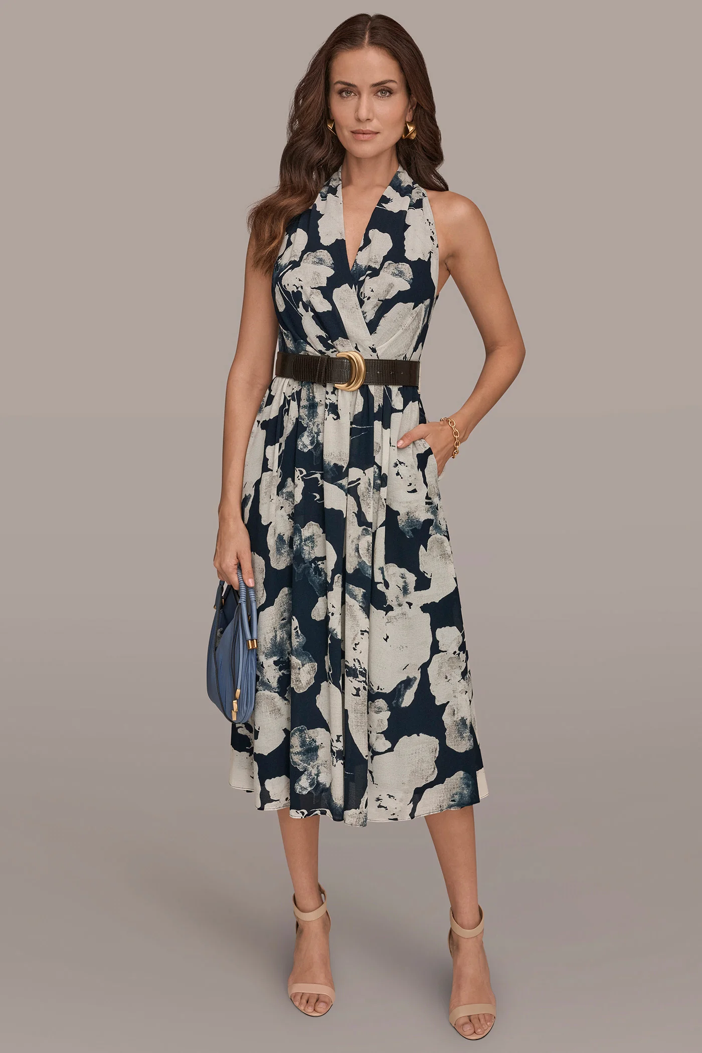 CHIFFON FLORAL MIDI HALTER DRESS - VXVOV