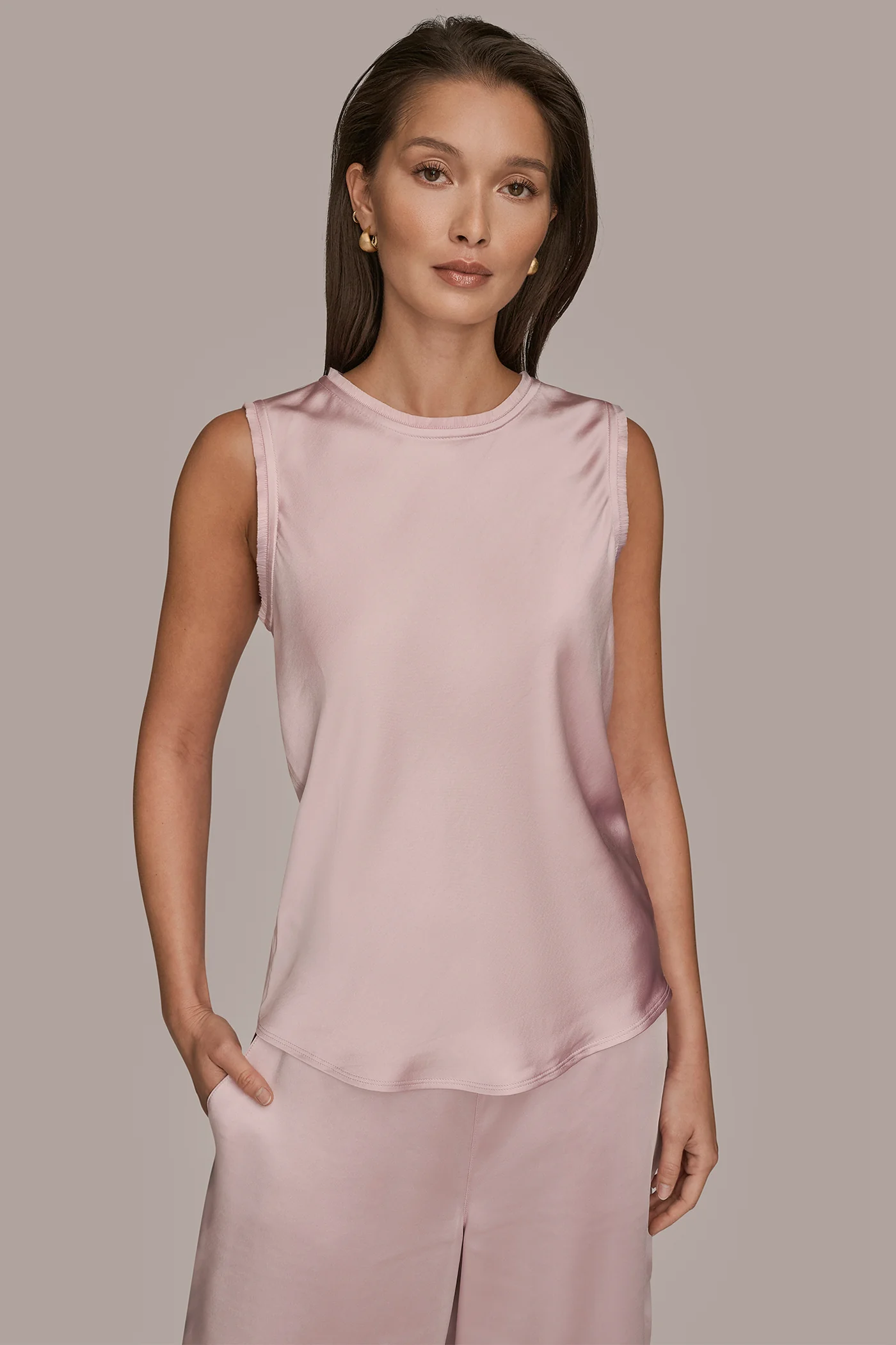 SATIN FRINGE-TRIMMED SLEEVELESS BLOUSE - VXVOV
