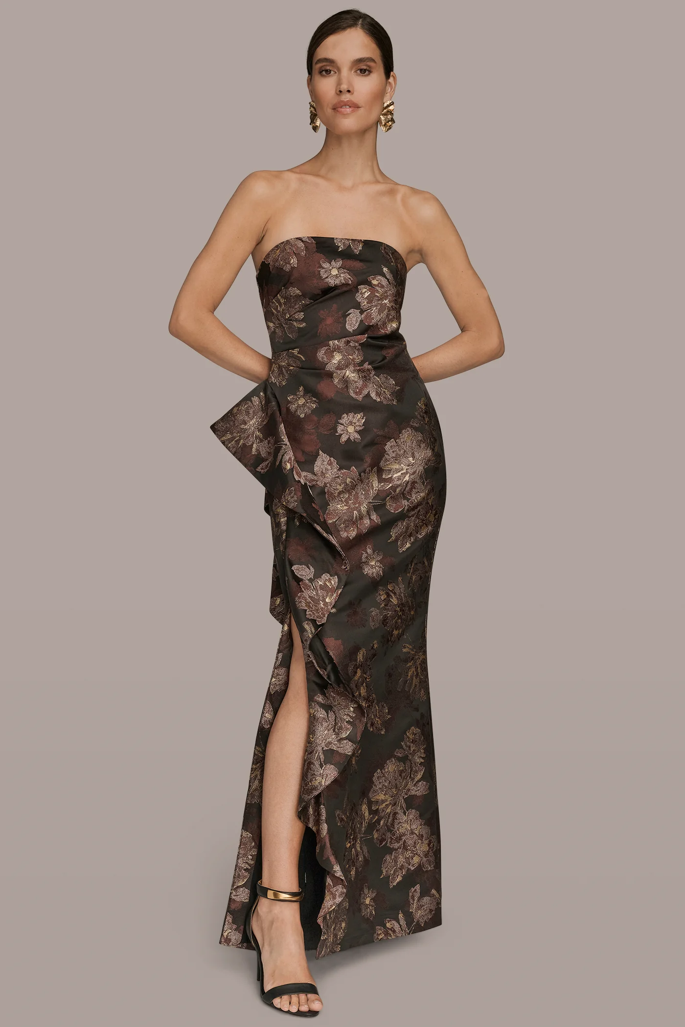 FLORAL BROCADE STRAPLESS RUFFLE GOWN - VXVOV